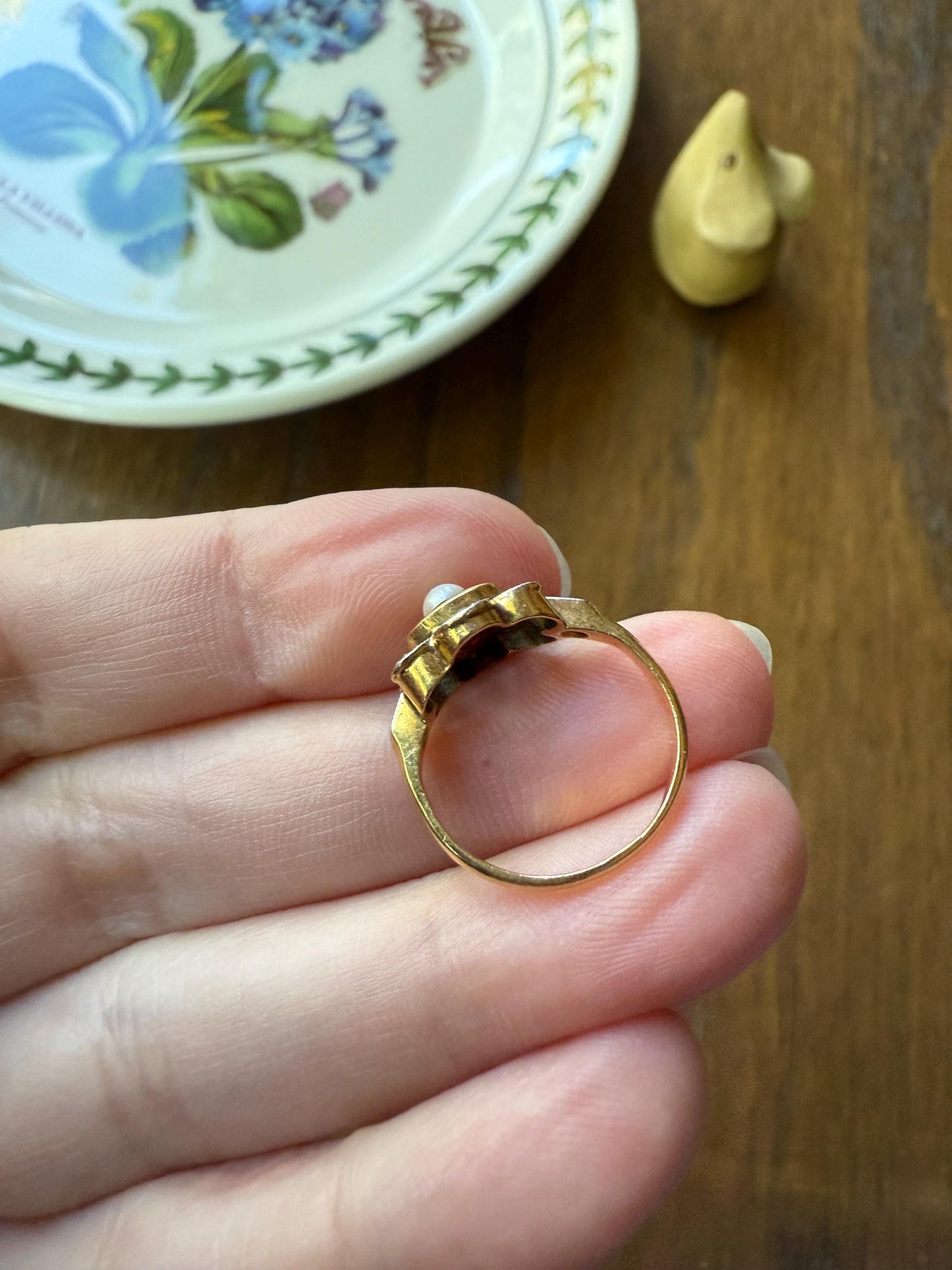Ruby HALO Ring Scalloped 18k Gold Antique Pearl Rose Cut Diamond Pink Red Dainty Ring French Belle Epoque Stacker Pinky Midi