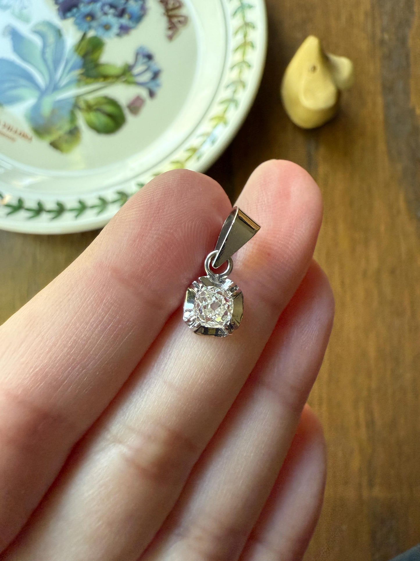 CHUNKY Eye Clean .6 Carat Old Mine Cut DIAMOND Antique 18k White Gold & Platinum Buttercup Pendant Bridal Something Old Solitaire Gift