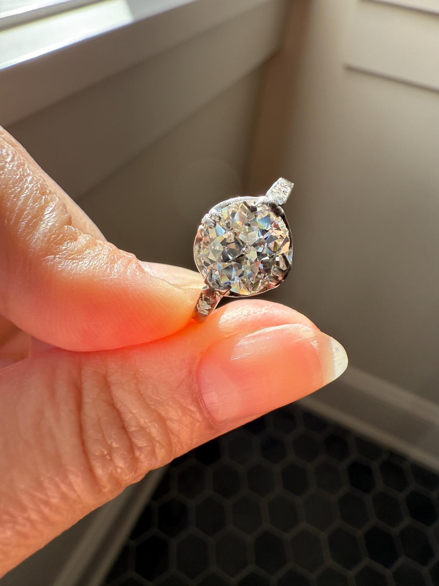 Antique 2 CARATS Tdw Old Mine Cut DIAMOND Solitaire French Engagement Ring with Rose Cut Accents Platinum Stacker Love Gift Spready OMC