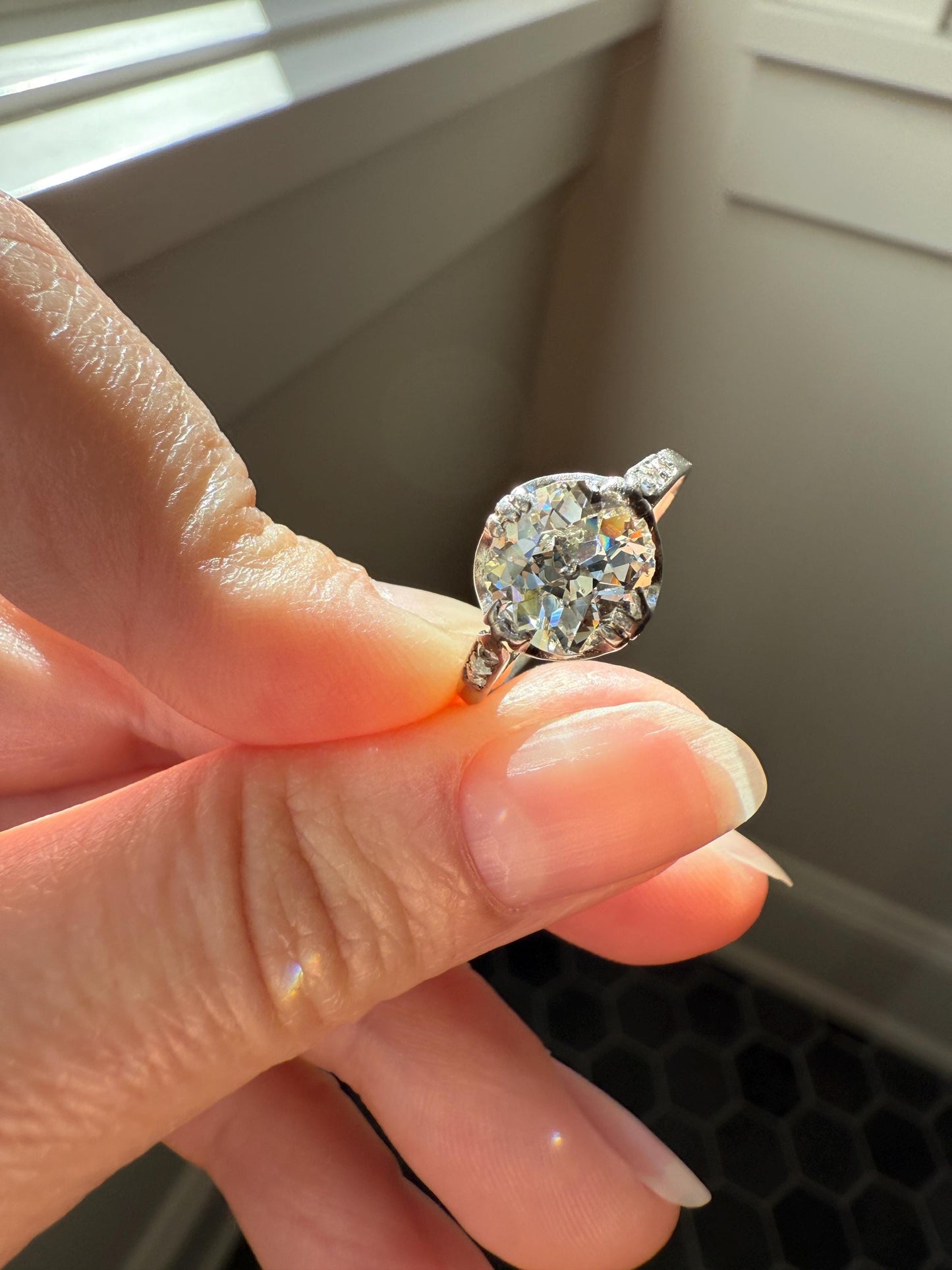 Antique 2 CARATS Tdw Old Mine Cut DIAMOND Solitaire French Engagement Ring with Rose Cut Accents Platinum Stacker Love Gift Spready OMC