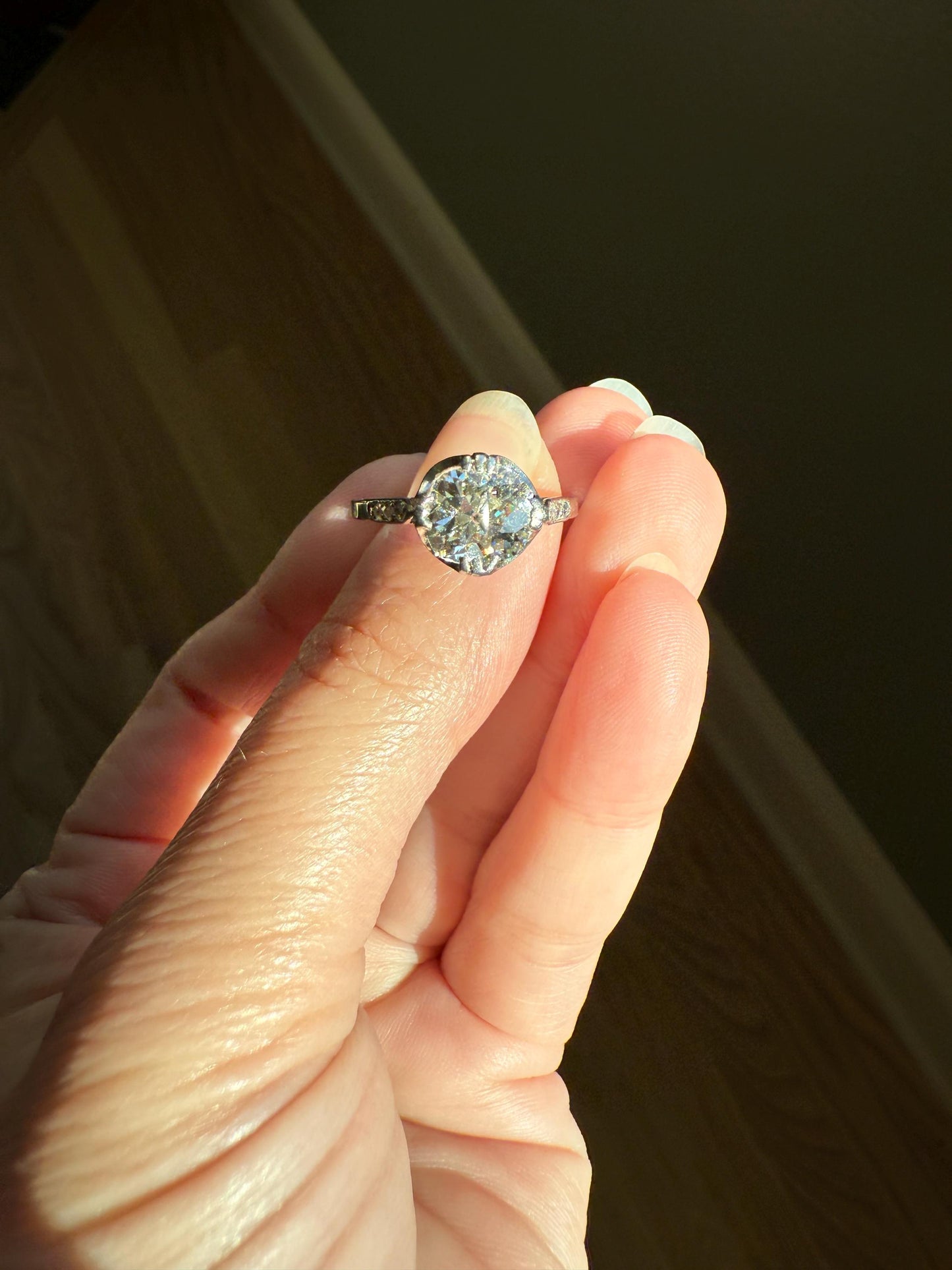Antique 2 CARATS Tdw Old Mine Cut DIAMOND Solitaire French Engagement Ring with Rose Cut Accents Platinum Stacker Love Gift Spready OMC