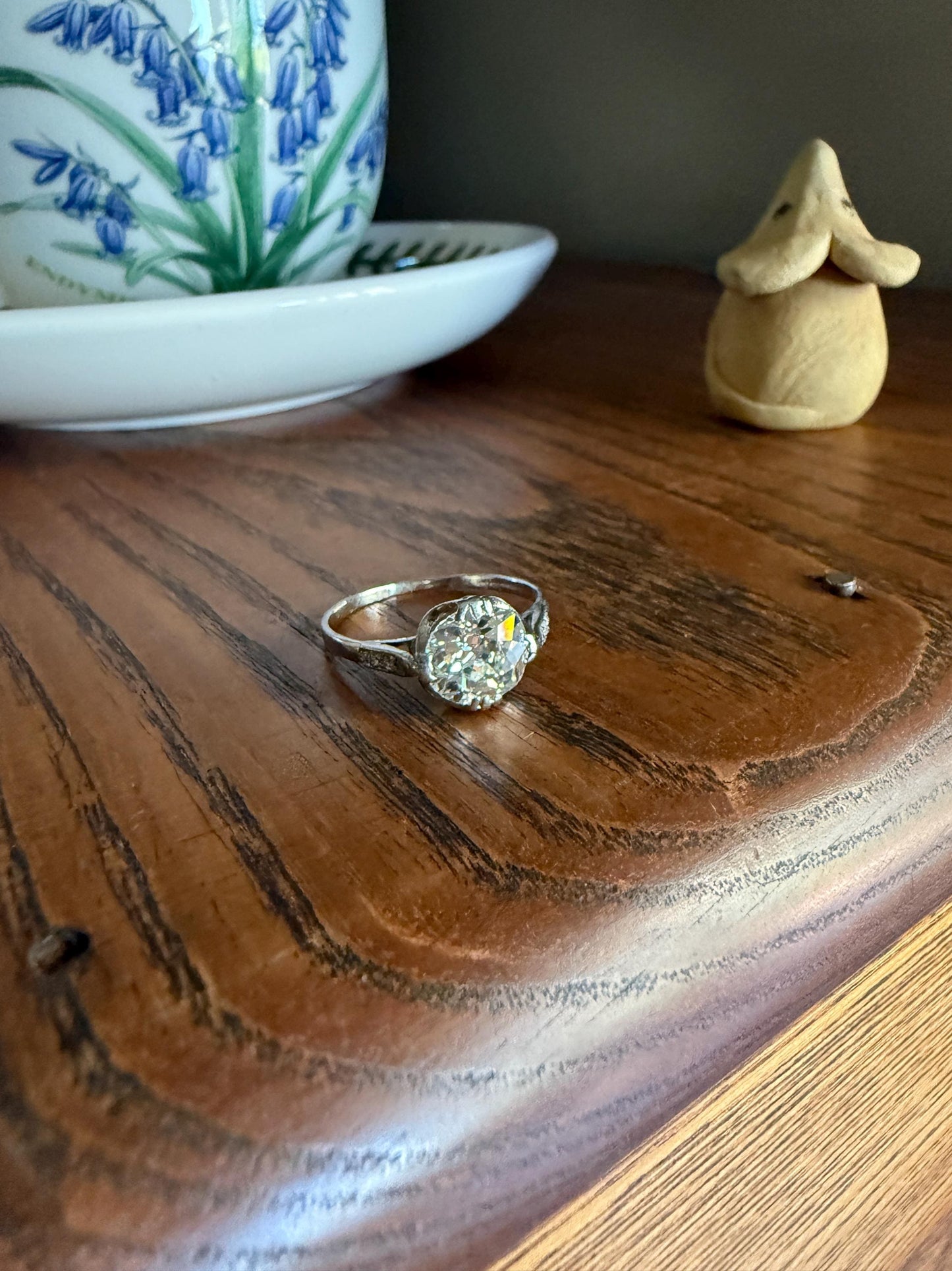 Antique 2 CARATS Tdw Old Mine Cut DIAMOND Solitaire French Engagement Ring with Rose Cut Accents Platinum Stacker Love Gift Spready OMC