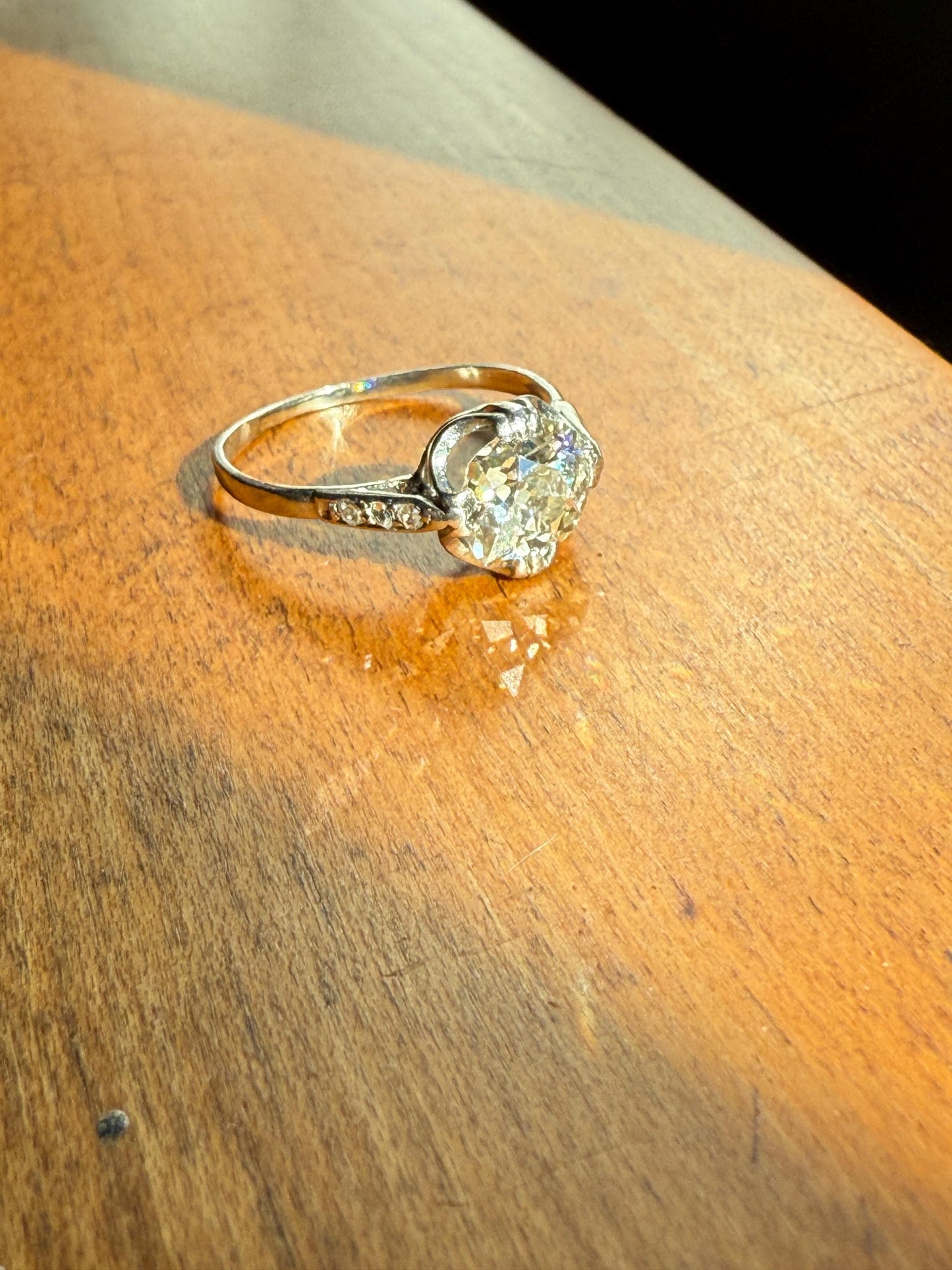 Antique 2 CARATS Tdw Old Mine Cut DIAMOND Solitaire French Engagement Ring with Rose Cut Accents Platinum Stacker Love Gift Spready OMC