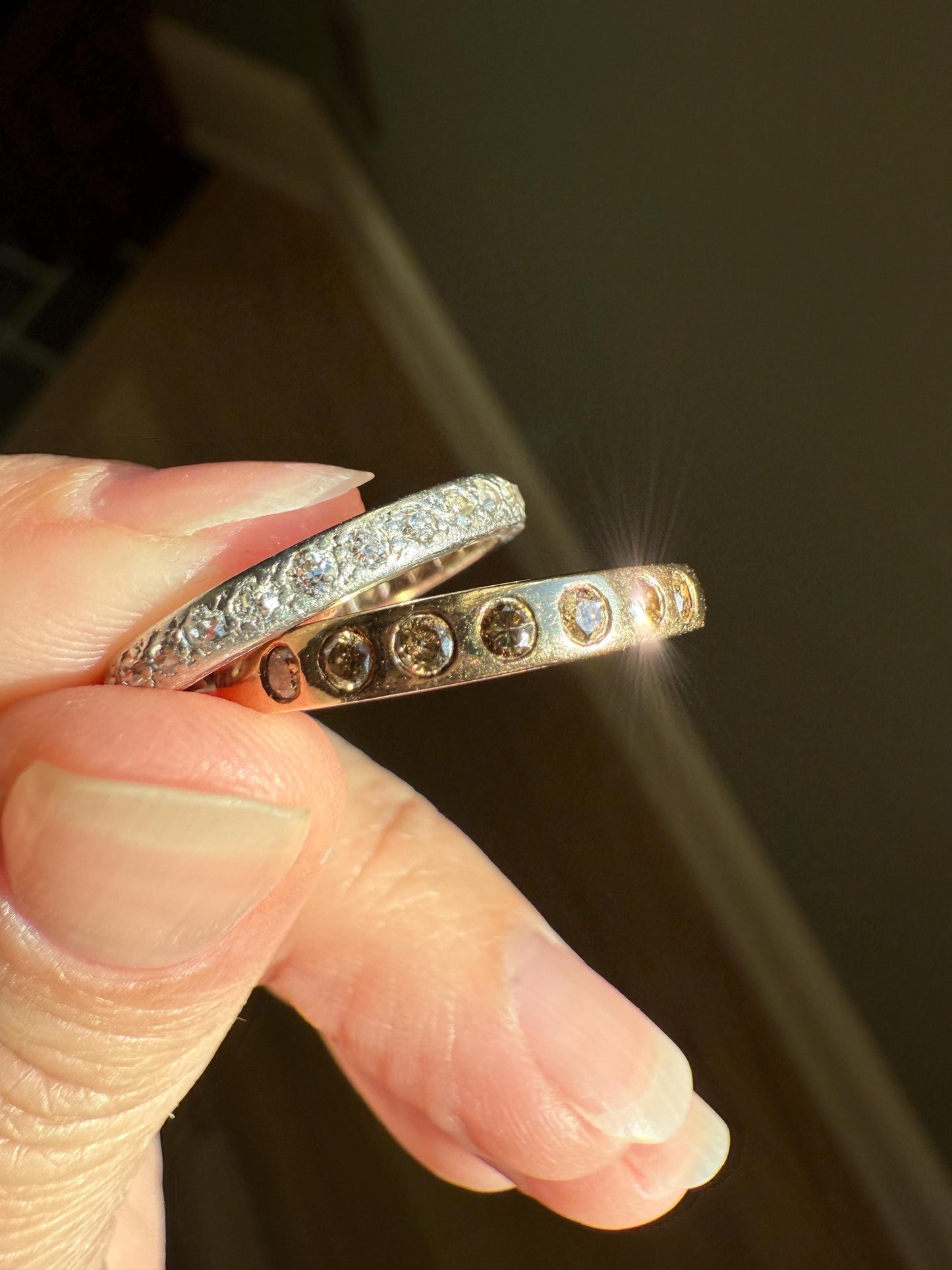 Vintage FANCY Brown Chocolate Golden Cognac Diamond Seven Stone Gypsy Band Skinny Stacker Half Hoop Eternity 9k Gold Minimalist