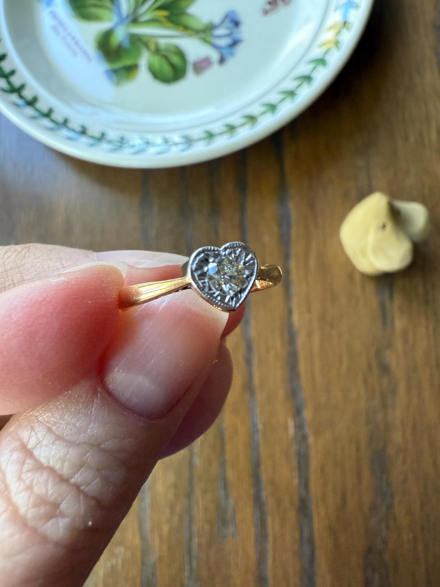 Vintage to Antique HEART Transitional Cut DIAMOND Ring Art Deco 18k Platinum Figural Stacker Band Romantic Gift Alt Engagement Starburst