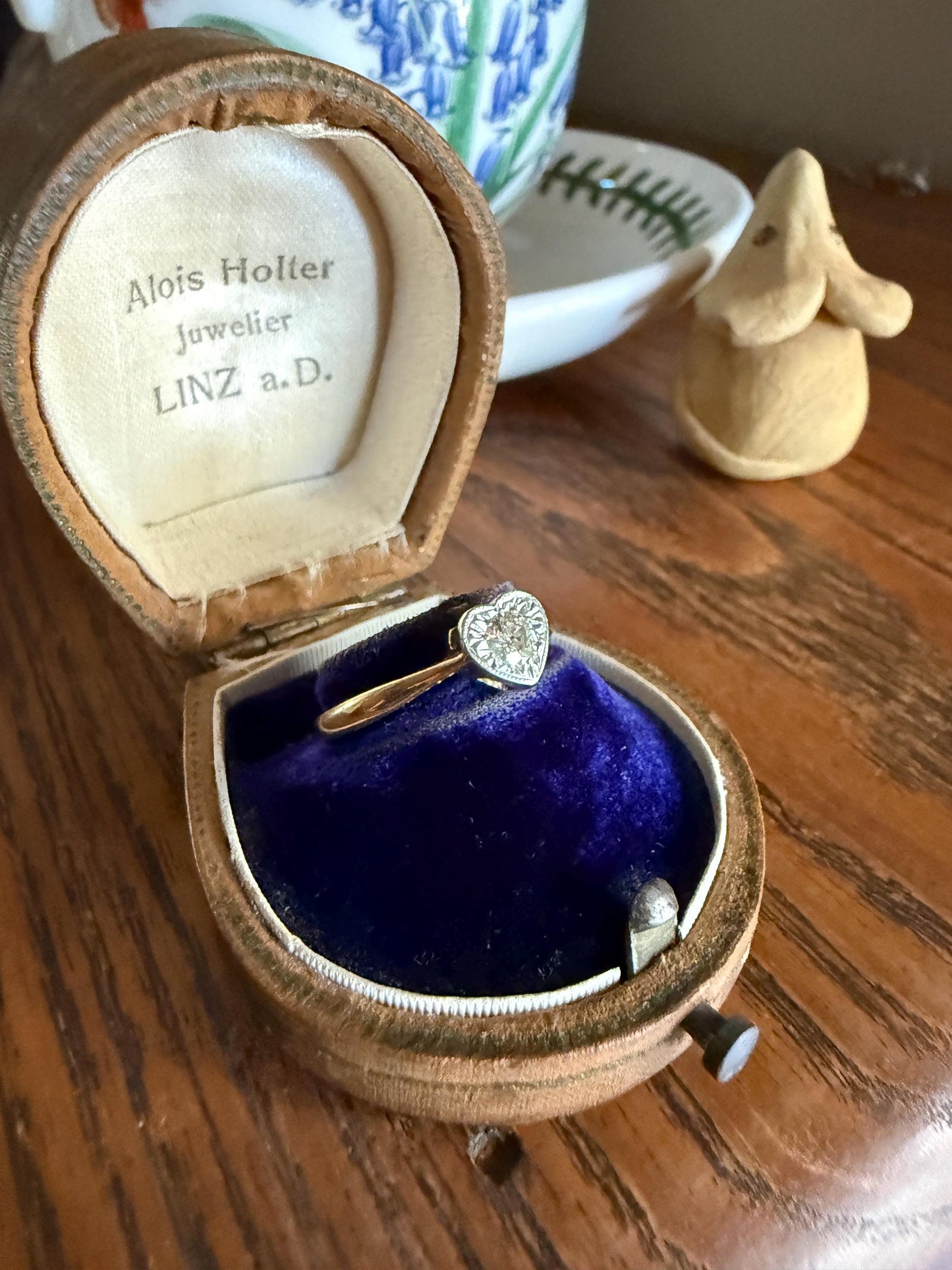Vintage to Antique HEART Transitional Cut DIAMOND Ring Art Deco 18k Platinum Figural Stacker Band Romantic Gift Alt Engagement Starburst