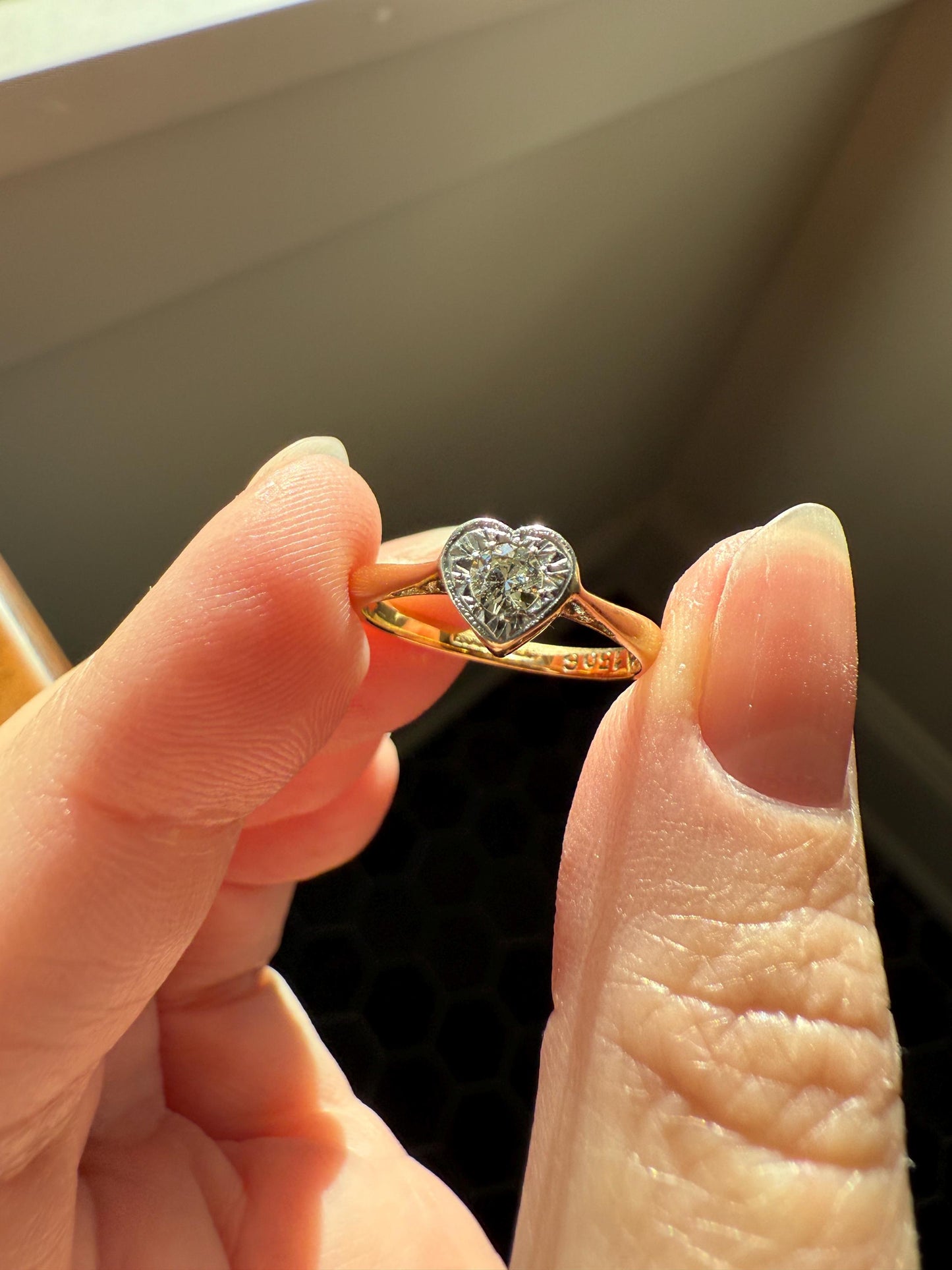Vintage to Antique HEART Transitional Cut DIAMOND Ring Art Deco 18k Platinum Figural Stacker Band Romantic Gift Alt Engagement Starburst