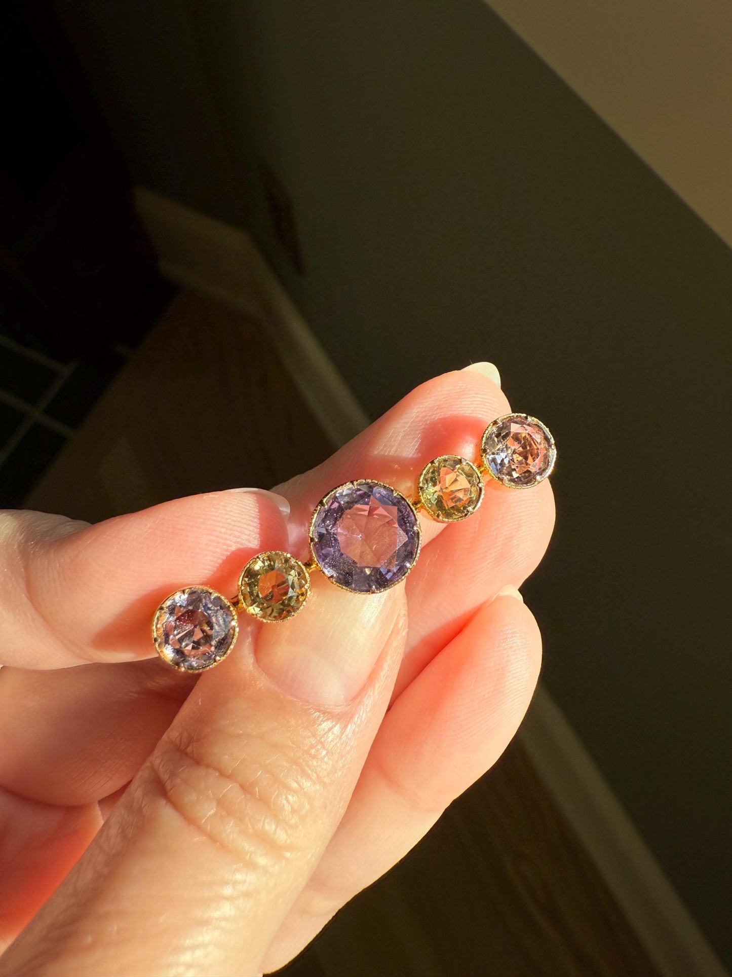 XL Antique Victorian Old Cut Amethyst Citrine Bar Brooch Extender Connector Pin Pendant Bracelet Conversion 14k Gold Purple Lavender Yellow