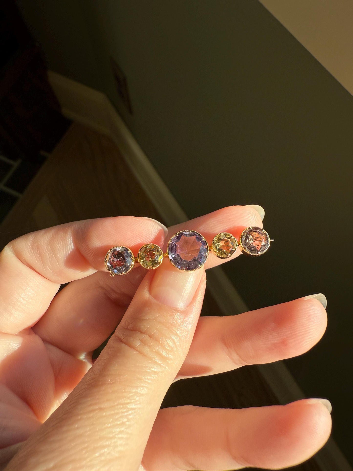 XL Antique Victorian Old Cut Amethyst Citrine Bar Brooch Extender Connector Pin Pendant Bracelet Conversion 14k Gold Purple Lavender Yellow