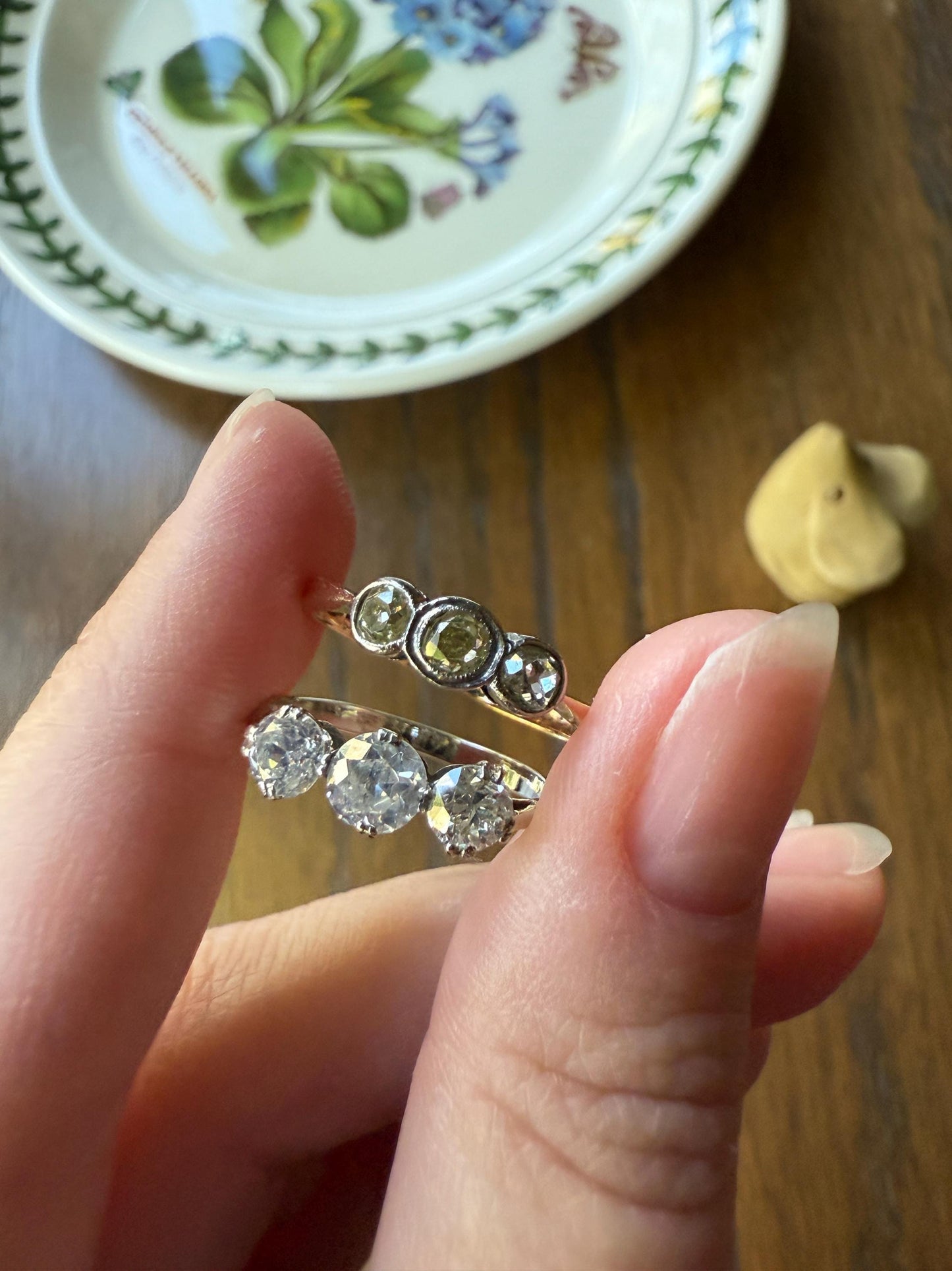 Antique One Carat Old European Cut DIAMOND Three Stone Ring Prong Set Stacker Trilogy 14k White Gold Art Deco Romantic Gift OEC 1Ctw