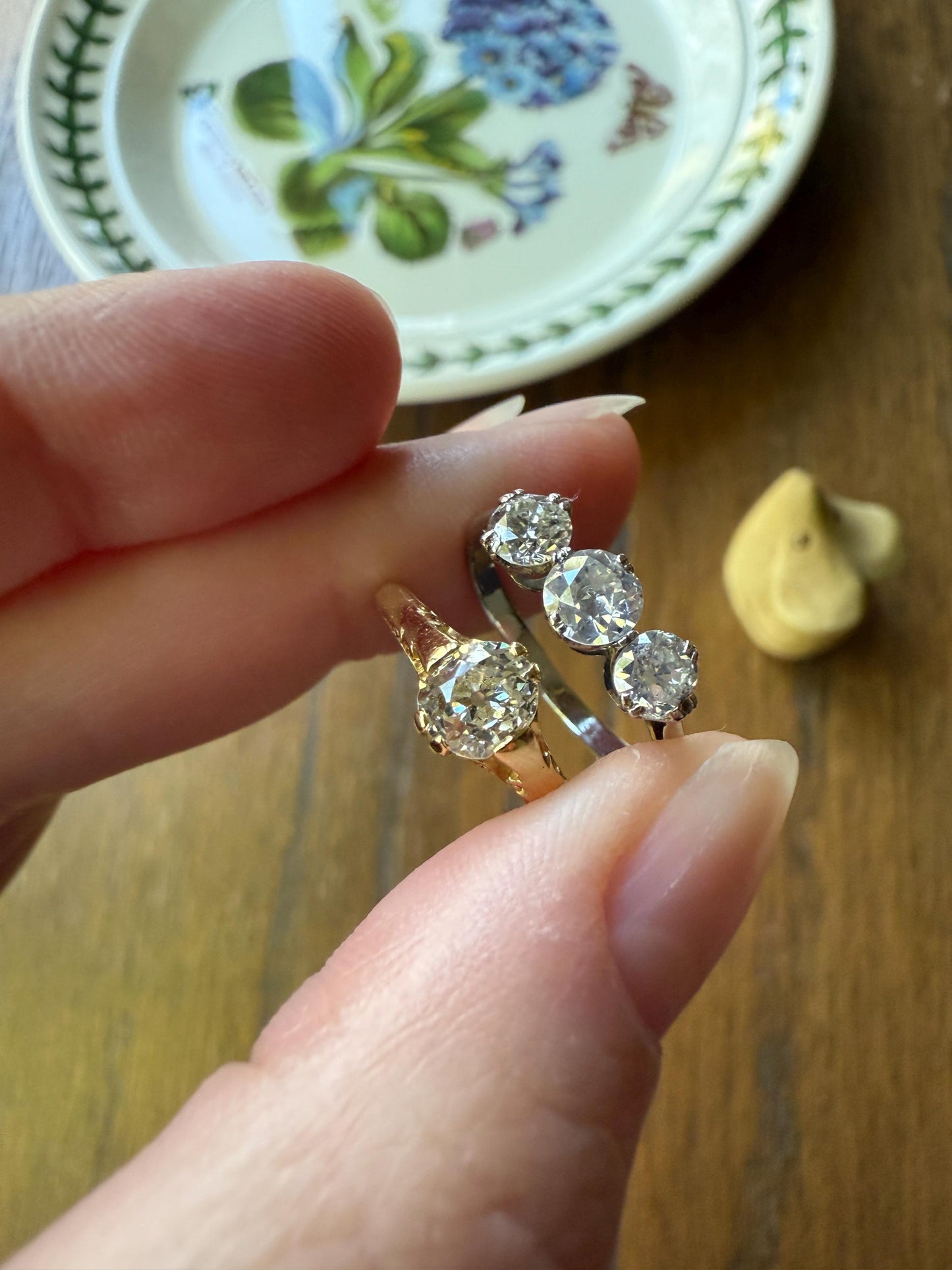 Antique One Carat Old European Cut DIAMOND Three Stone Ring Prong Set Stacker Trilogy 14k White Gold Art Deco Romantic Gift OEC 1Ctw