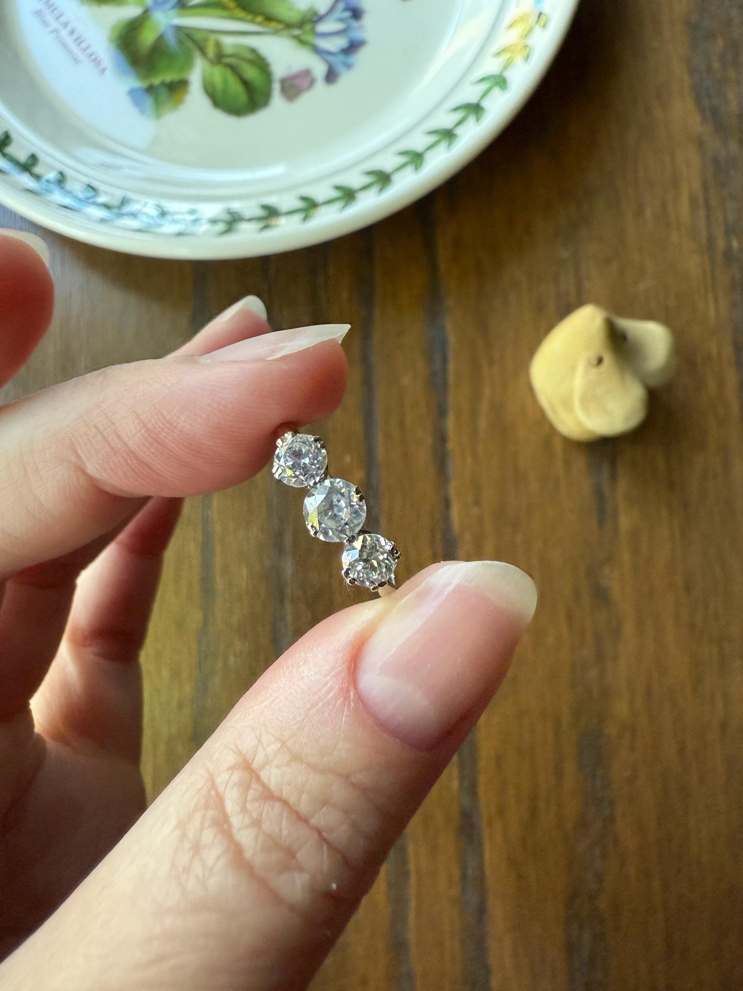 Antique One Carat Old European Cut DIAMOND Three Stone Ring Prong Set Stacker Trilogy 14k White Gold Art Deco Romantic Gift OEC 1Ctw
