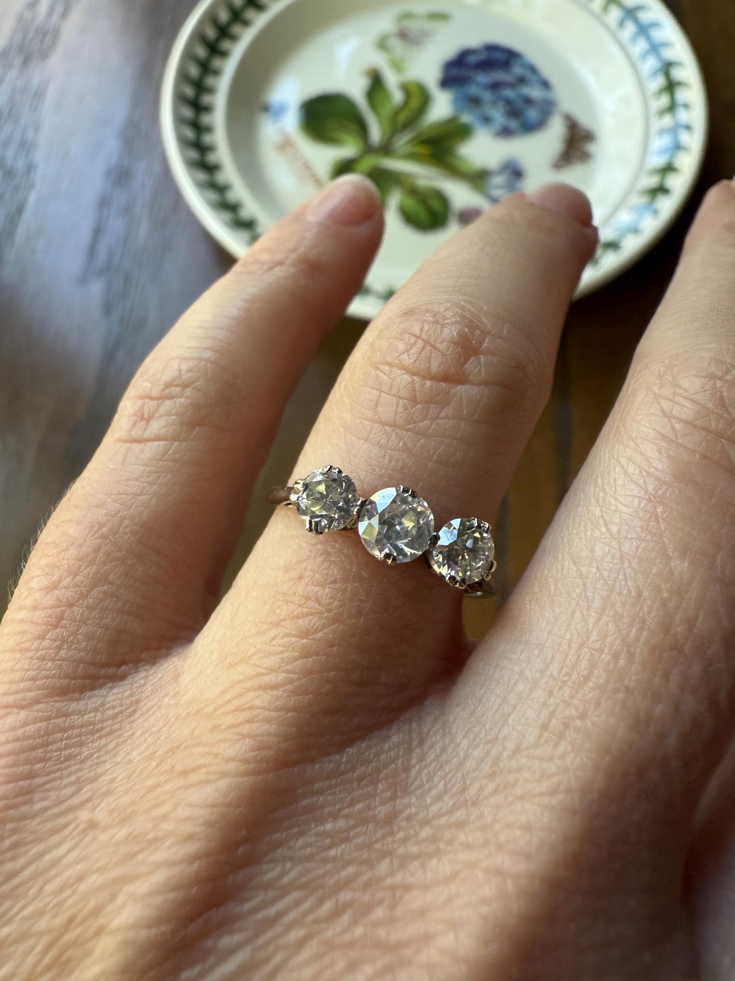 Antique One Carat Old European Cut DIAMOND Three Stone Ring Prong Set Stacker Trilogy 14k White Gold Art Deco Romantic Gift OEC 1Ctw