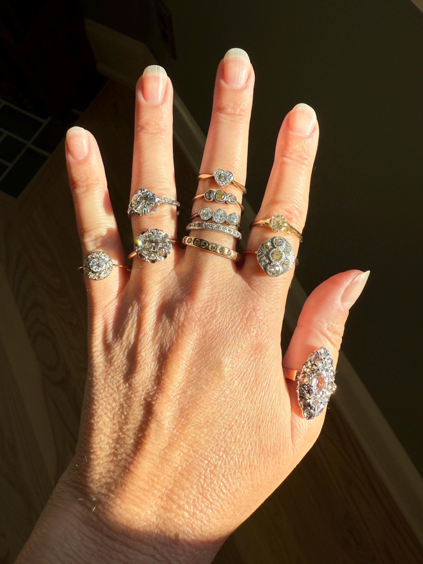 Edwardian Antique 1.1 Carat Old Mine Cut Diamond Cluster Ring Panel Oval Platform Ornate Geometric Milgrain Pale Yellow Center 1.1Ctw OMC