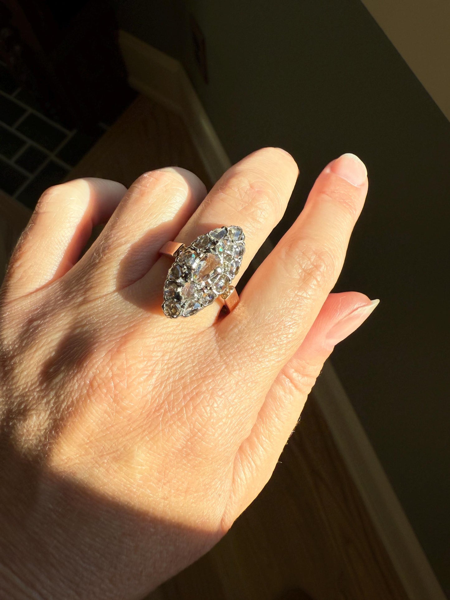 XL Antique Unique Elongated Rose Cut Diamond Navette Cluster Open Back French Victorian Era 18k Rose Gold & Platinum 1 inch Chunky Sparkle