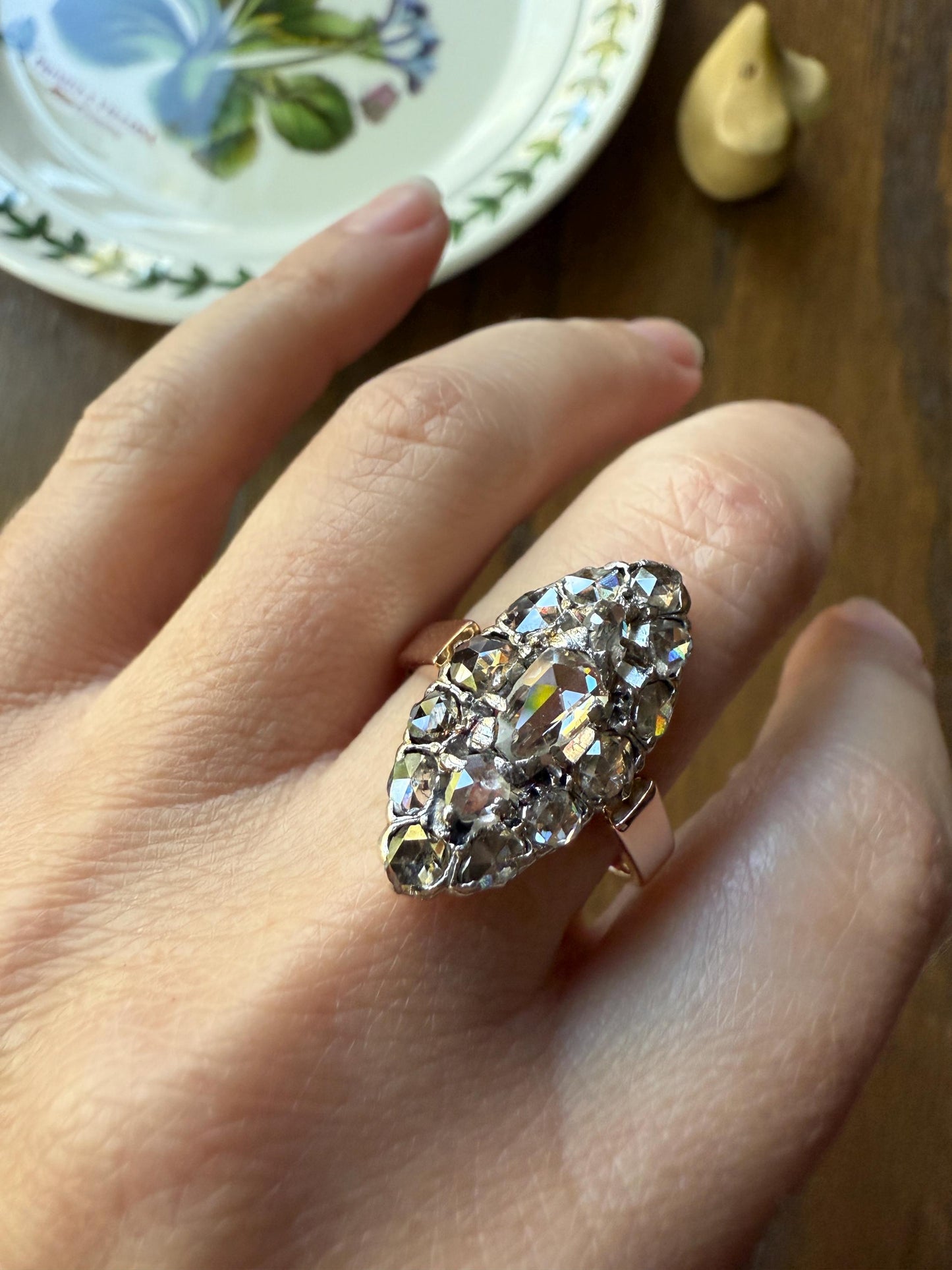 XL Antique Unique Elongated Rose Cut Diamond Navette Cluster Open Back French Victorian Era 18k Rose Gold & Platinum 1 inch Chunky Sparkle