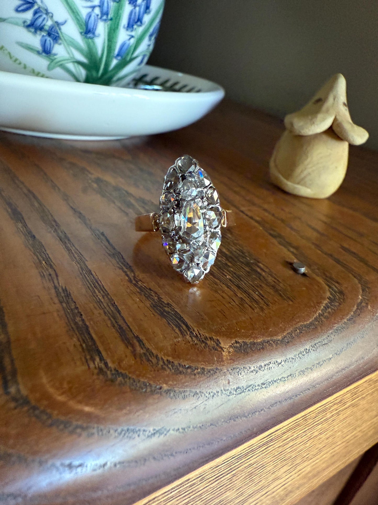 XL Antique Unique Elongated Rose Cut Diamond Navette Cluster Open Back French Victorian Era 18k Rose Gold & Platinum 1 inch Chunky Sparkle