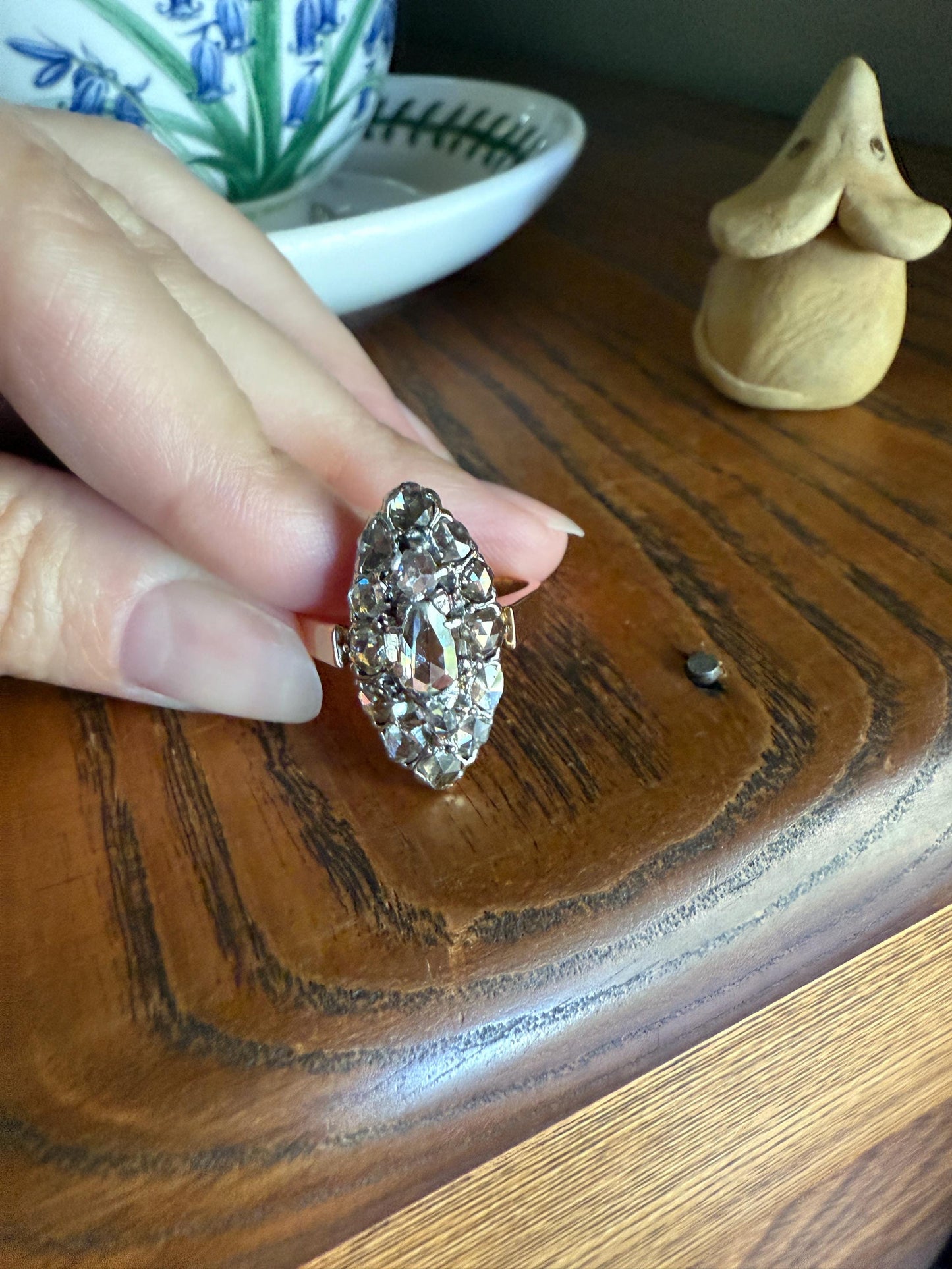 XL Antique Unique Elongated Rose Cut Diamond Navette Cluster Open Back French Victorian Era 18k Rose Gold & Platinum 1 inch Chunky Sparkle