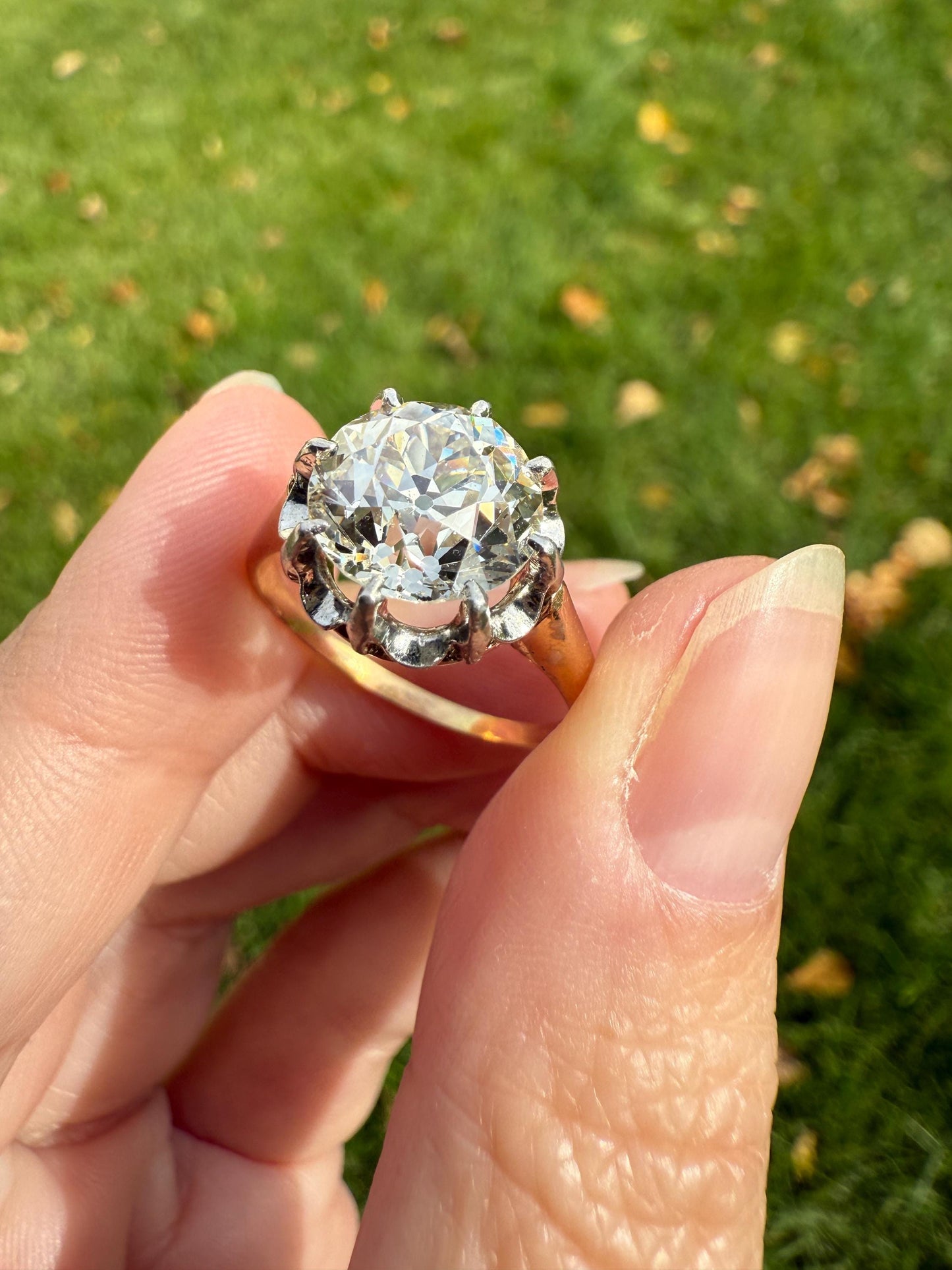 Special French Original Antique 3.5 CARAT Old European Cut DIAMOND Eye Clean Solitaire Engagement Ring 18k Rosy Gold Platinum Fiery OEC