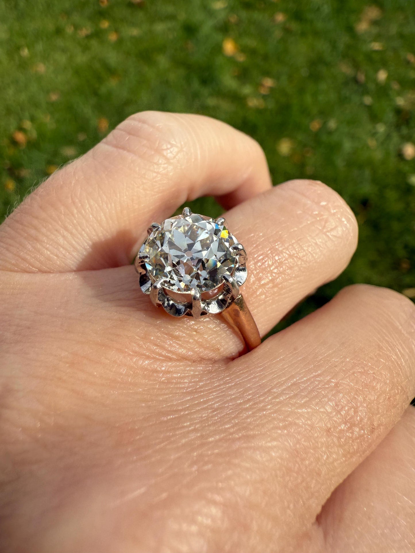 Special French Original Antique 3.5 CARAT Old European Cut DIAMOND Eye Clean Solitaire Engagement Ring 18k Rosy Gold Platinum Fiery OEC