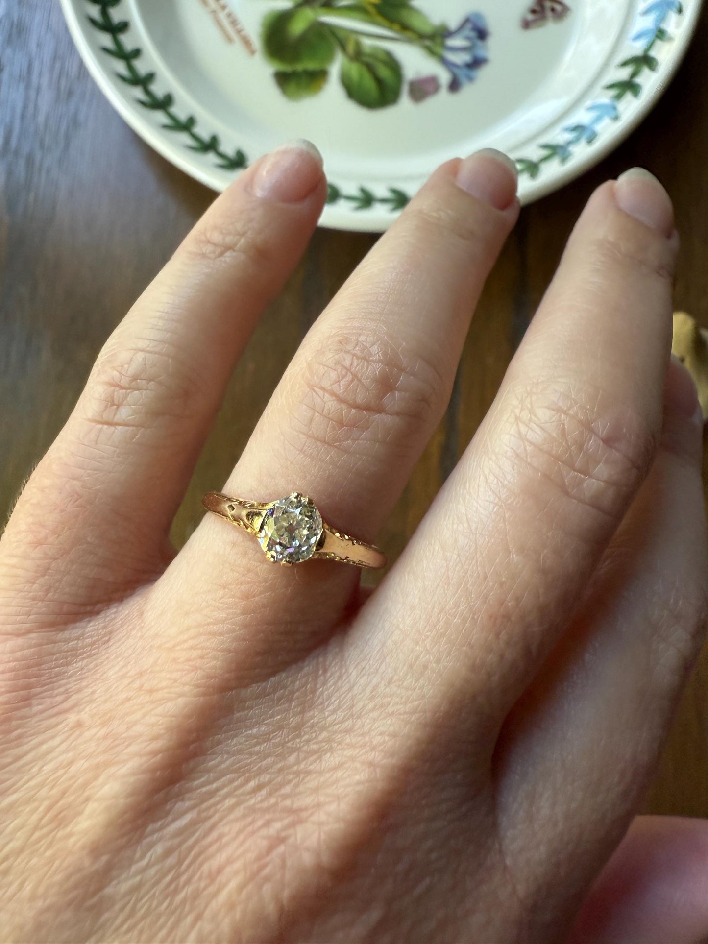 Scrolled Eye Clean Antique .7 Carat Old Mine Cut DIAMOND Solitaire Ornate Victorian Engagement Ring 18k Gold Romantic Gift Stacker .7Ctw OMC