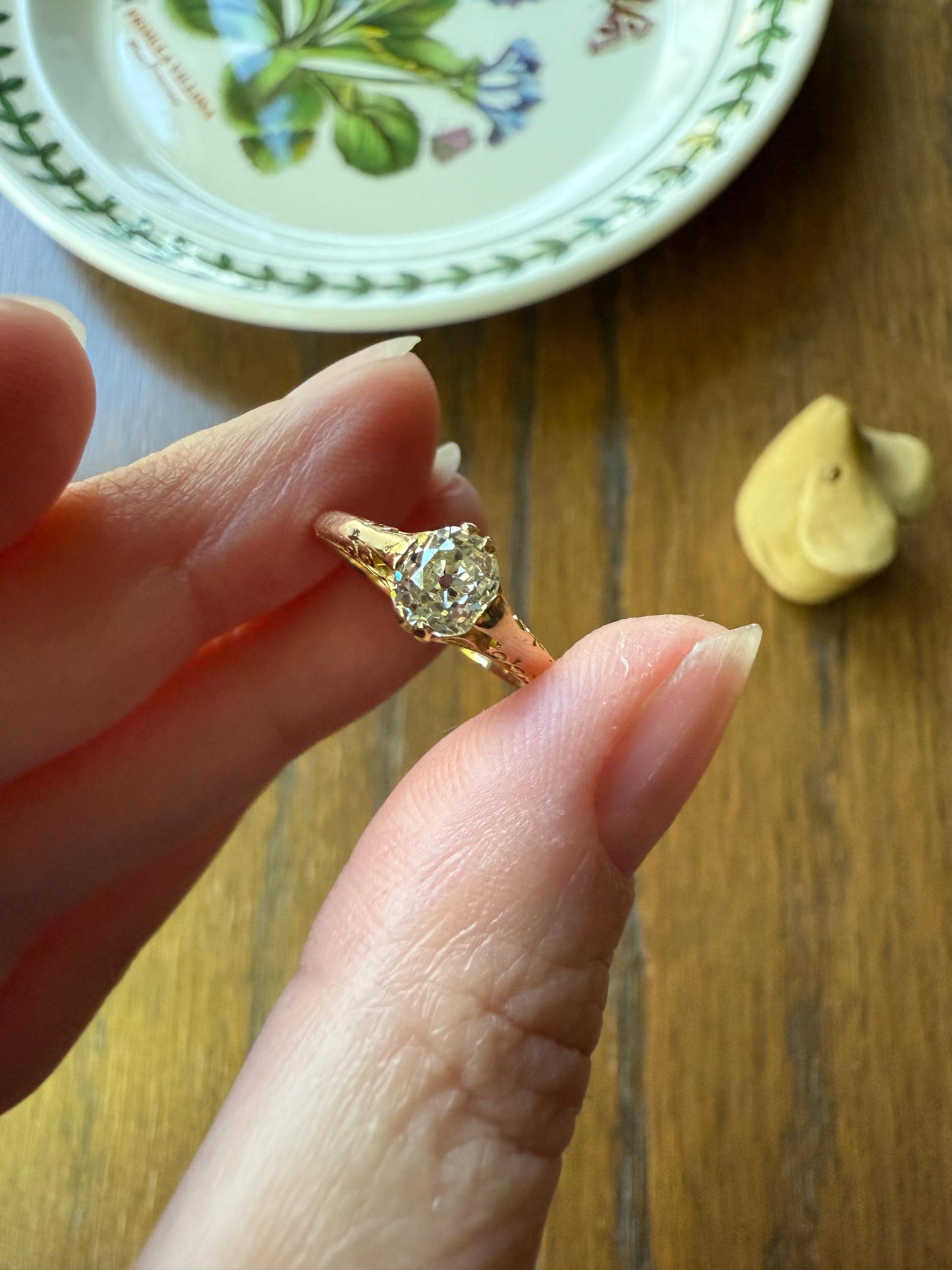 Scrolled Eye Clean Antique .7 Carat Old Mine Cut DIAMOND Solitaire Ornate Victorian Engagement Ring 18k Gold Romantic Gift Stacker .7Ctw OMC