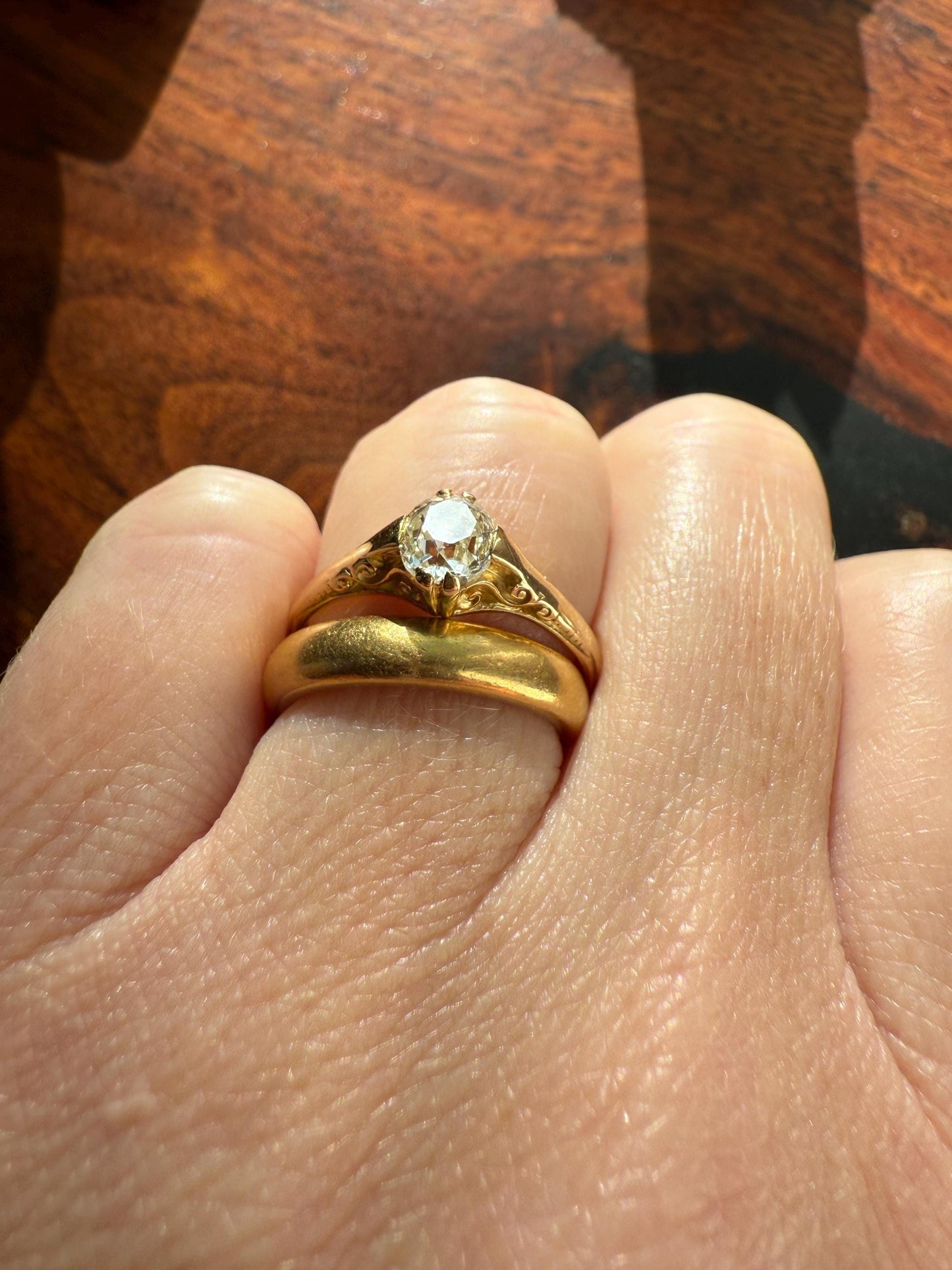 Scrolled Eye Clean Antique .7 Carat Old Mine Cut DIAMOND Solitaire Ornate Victorian Engagement Ring 18k Gold Romantic Gift Stacker .7Ctw OMC