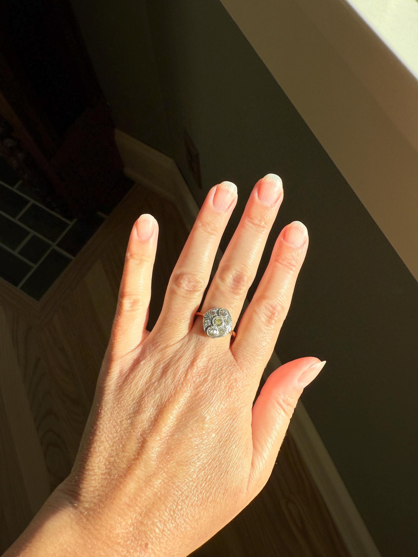 Edwardian Antique 1.1 Carat Old Mine Cut Diamond Cluster Ring Panel Oval Platform Ornate Geometric Milgrain Pale Yellow Center 1.1Ctw OMC