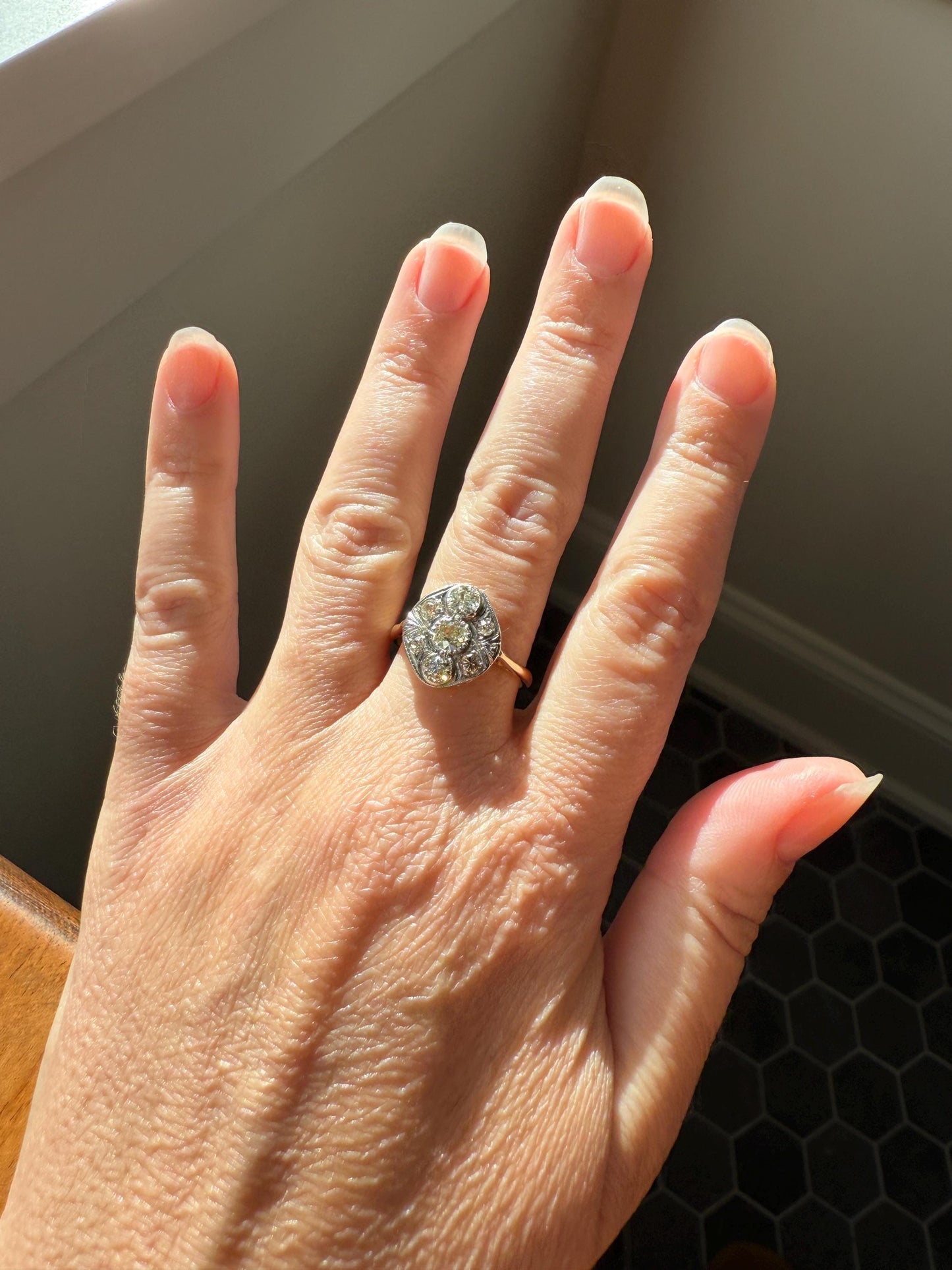 Edwardian Antique 1.1 Carat Old Mine Cut Diamond Cluster Ring Panel Oval Platform Ornate Geometric Milgrain Pale Yellow Center 1.1Ctw OMC