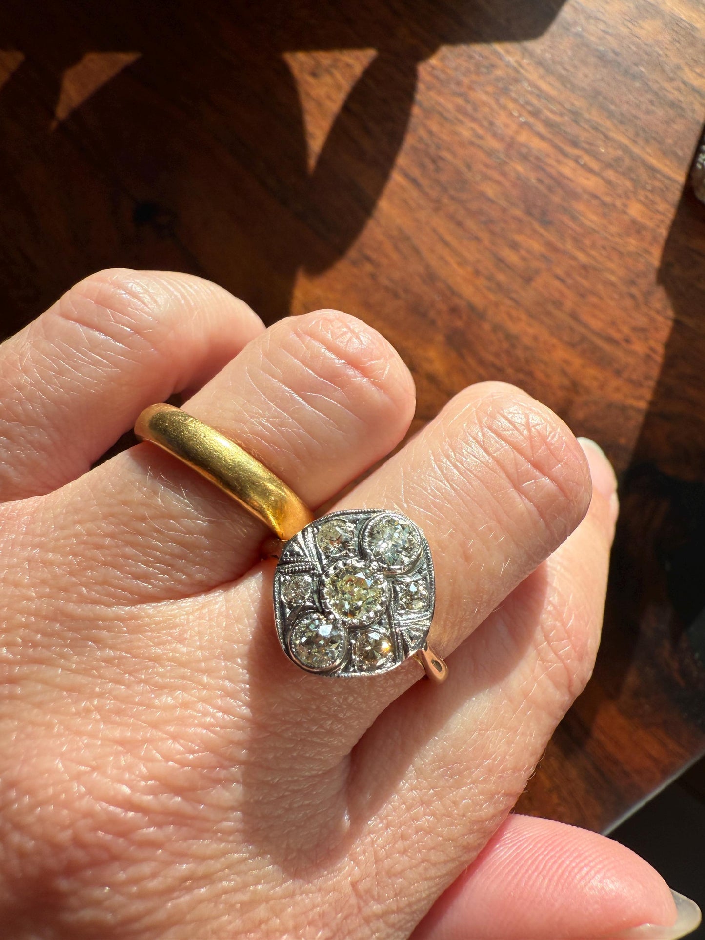 Edwardian Antique 1.1 Carat Old Mine Cut Diamond Cluster Ring Panel Oval Platform Ornate Geometric Milgrain Pale Yellow Center 1.1Ctw OMC