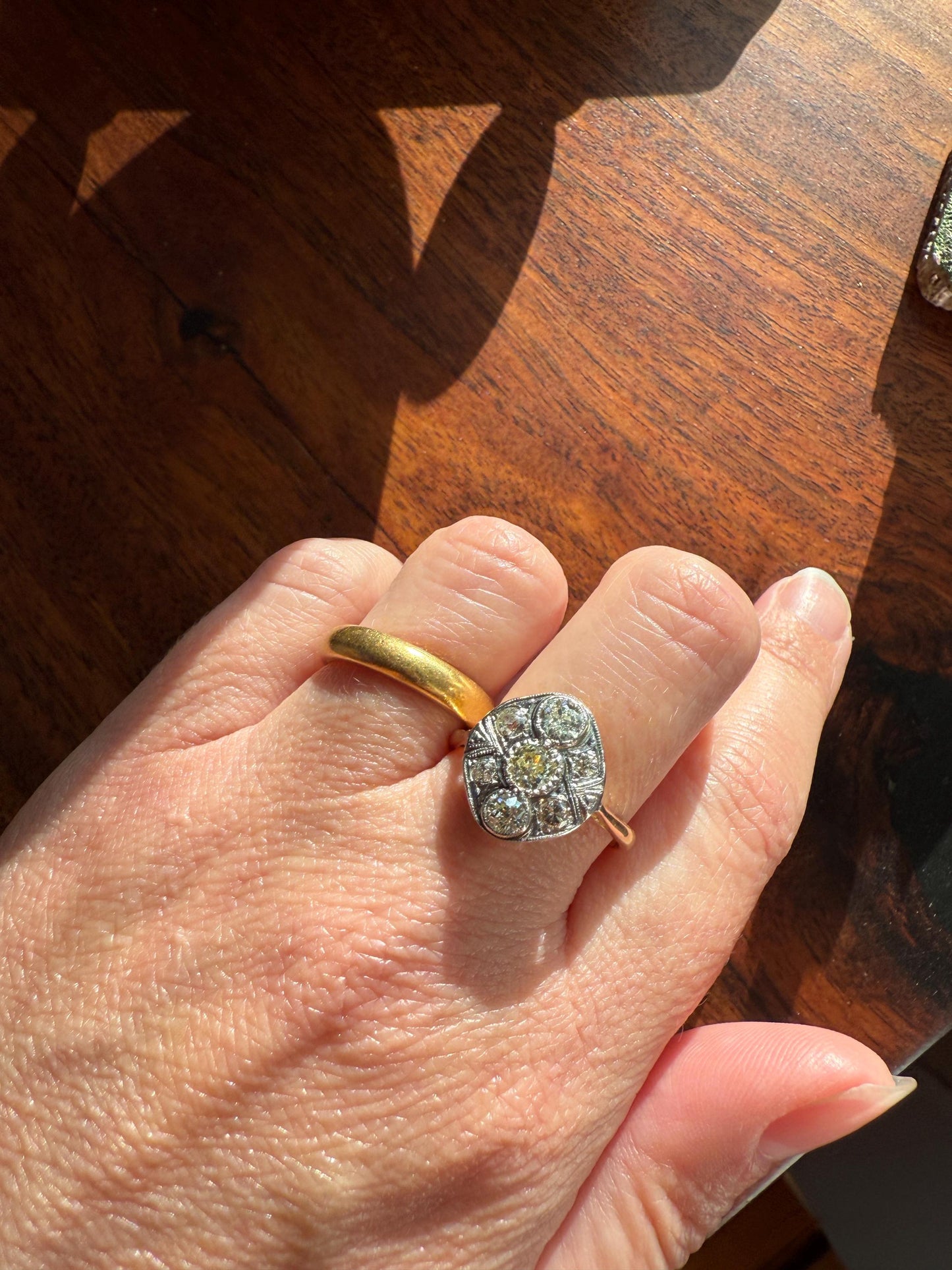 Edwardian Antique 1.1 Carat Old Mine Cut Diamond Cluster Ring Panel Oval Platform Ornate Geometric Milgrain Pale Yellow Center 1.1Ctw OMC