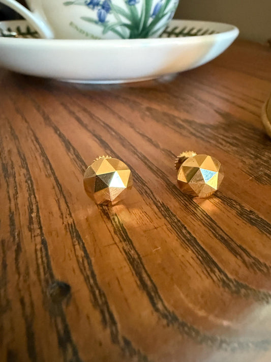 French Vintage - Antique Gold Faceted Bead 3D Button Studs Vintage 18k GOLD Solid EARRINGS Earstack Geodesic Dome Shimmer Stud Minimalist