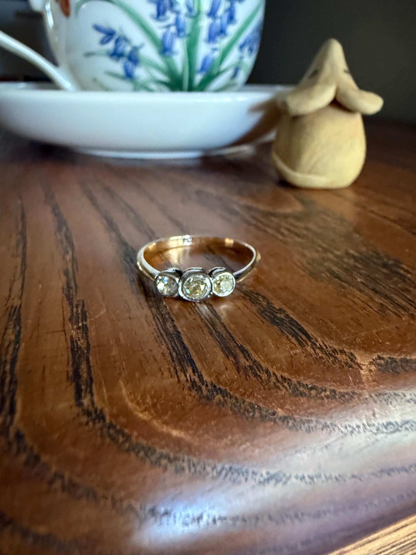 Antique Shades of Yellow Old Mine Cut Diamond Three Stone Ring 9k Gold & Platinum Bezel Set Stacker Trilogy Ring OMC