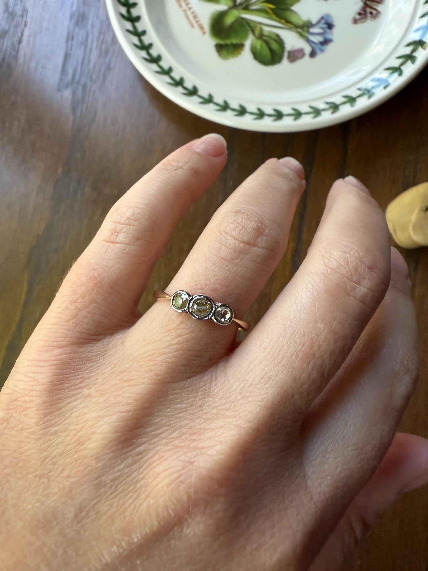 Antique Shades of Yellow Old Mine Cut Diamond Three Stone Ring 9k Gold & Platinum Bezel Set Stacker Trilogy Ring OMC