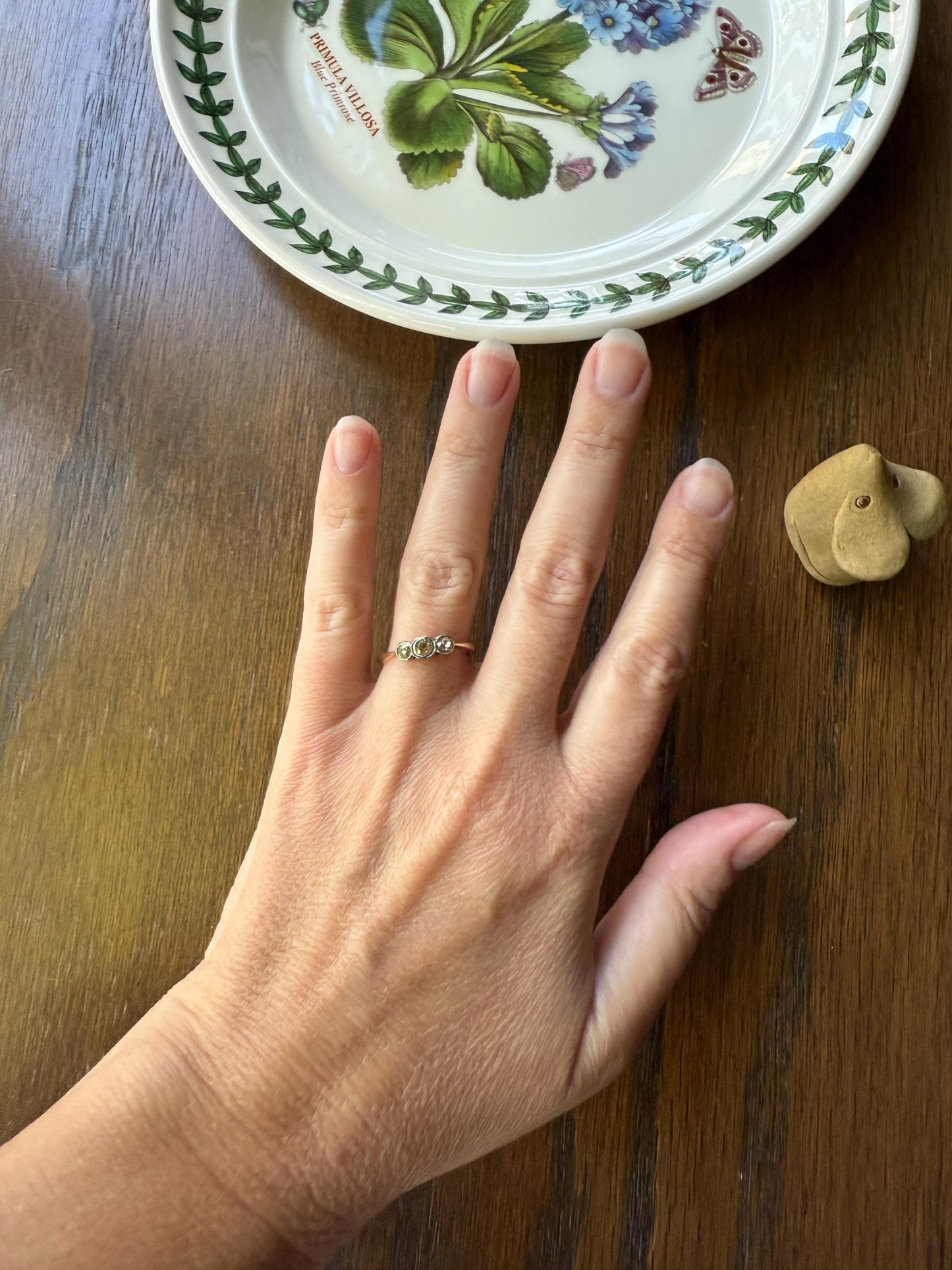 Antique Shades of Yellow Old Mine Cut Diamond Three Stone Ring 9k Gold & Platinum Bezel Set Stacker Trilogy Ring OMC