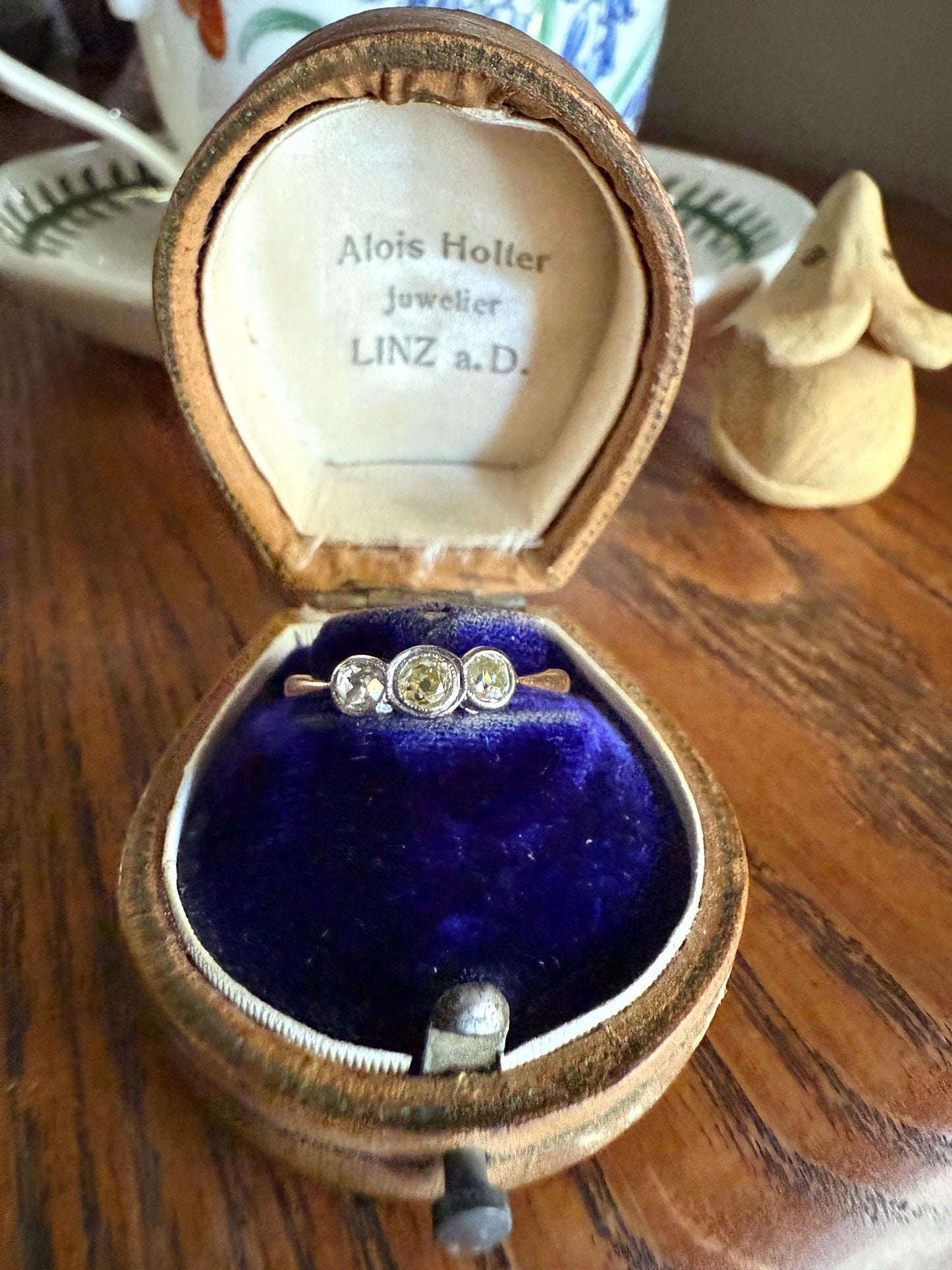 Antique Shades of Yellow Old Mine Cut Diamond Three Stone Ring 9k Gold & Platinum Bezel Set Stacker Trilogy Ring OMC