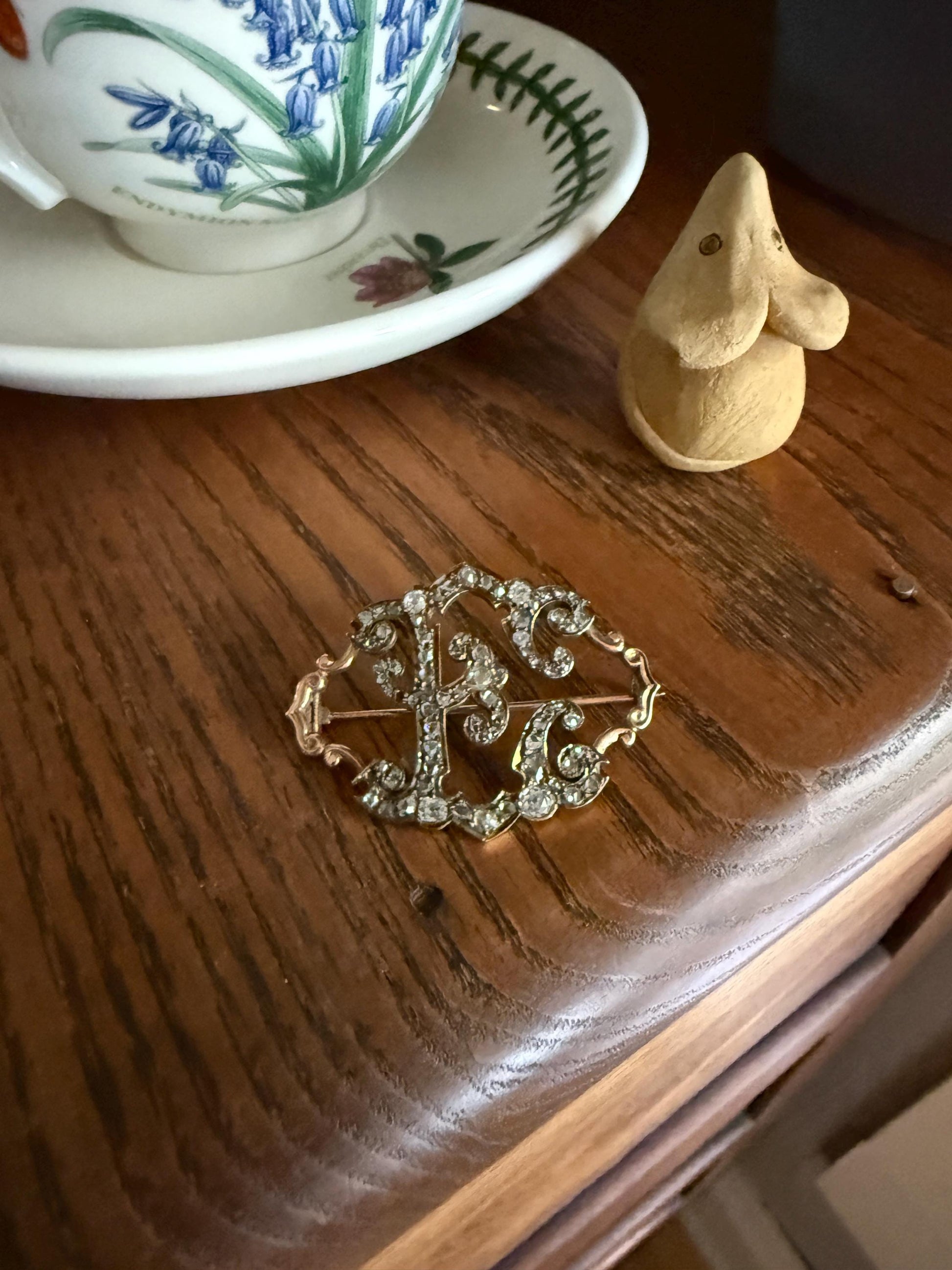 Oh to Be an " E " Amazing XL Antique Rose Old Mine cut DIAMOND Initial Brooch Pendant Bracelet Conversion Connector 14k & 10k Gold Ornate