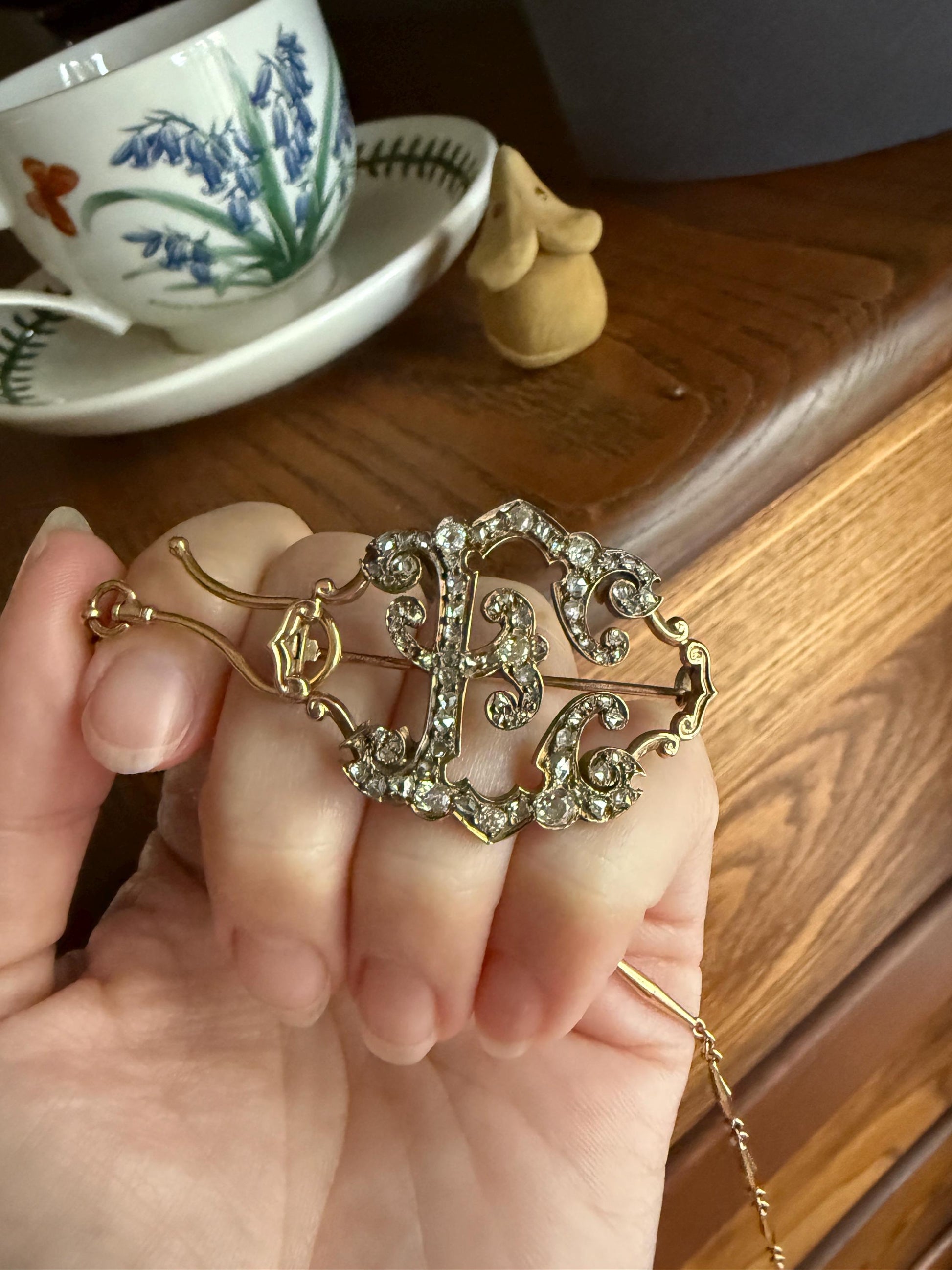 Oh to Be an " E " Amazing XL Antique Rose Old Mine cut DIAMOND Initial Brooch Pendant Bracelet Conversion Connector 14k & 10k Gold Ornate