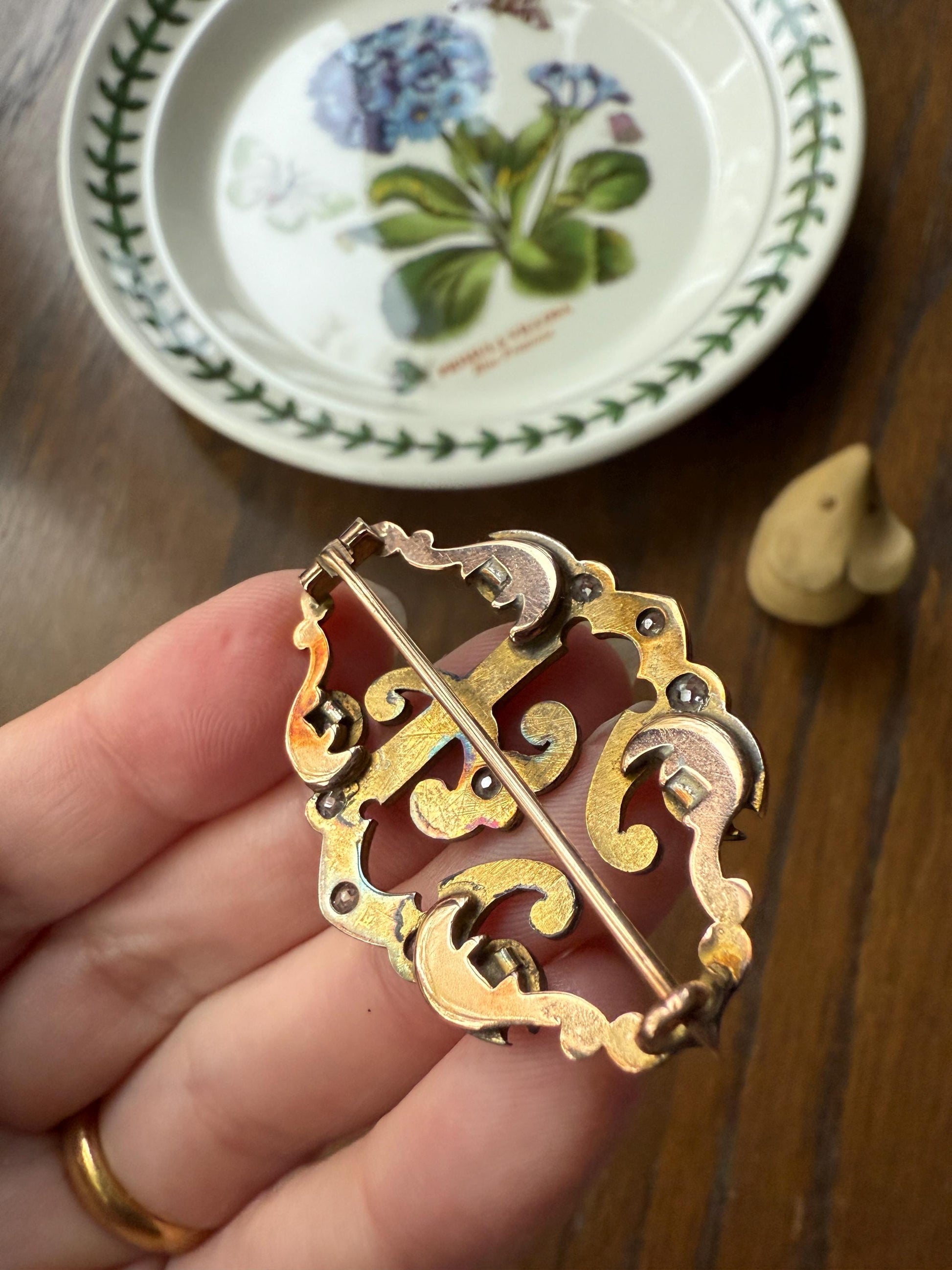 Oh to Be an " E " Amazing XL Antique Rose Old Mine cut DIAMOND Initial Brooch Pendant Bracelet Conversion Connector 14k & 10k Gold Ornate
