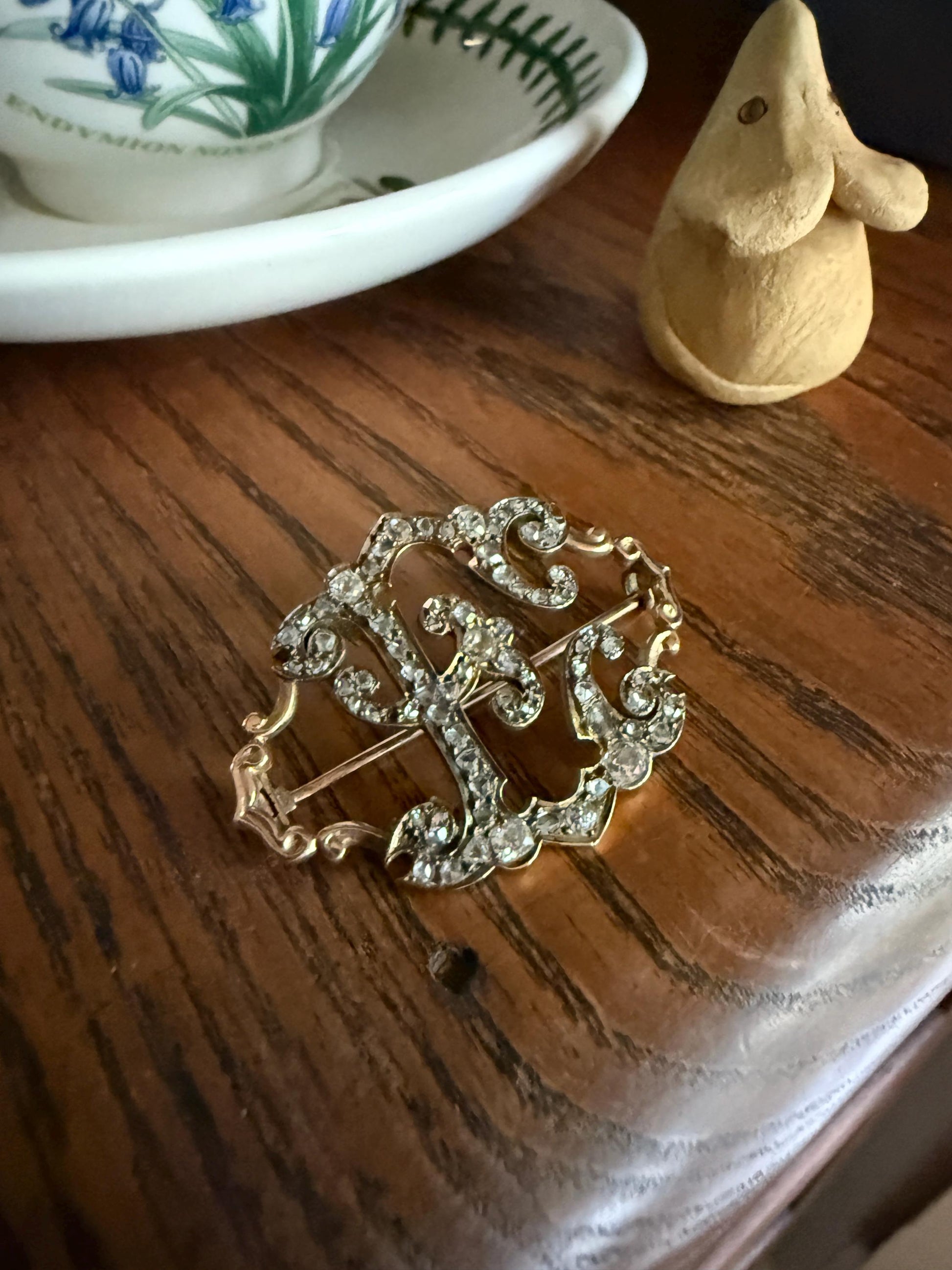 Oh to Be an " E " Amazing XL Antique Rose Old Mine cut DIAMOND Initial Brooch Pendant Bracelet Conversion Connector 14k & 10k Gold Ornate
