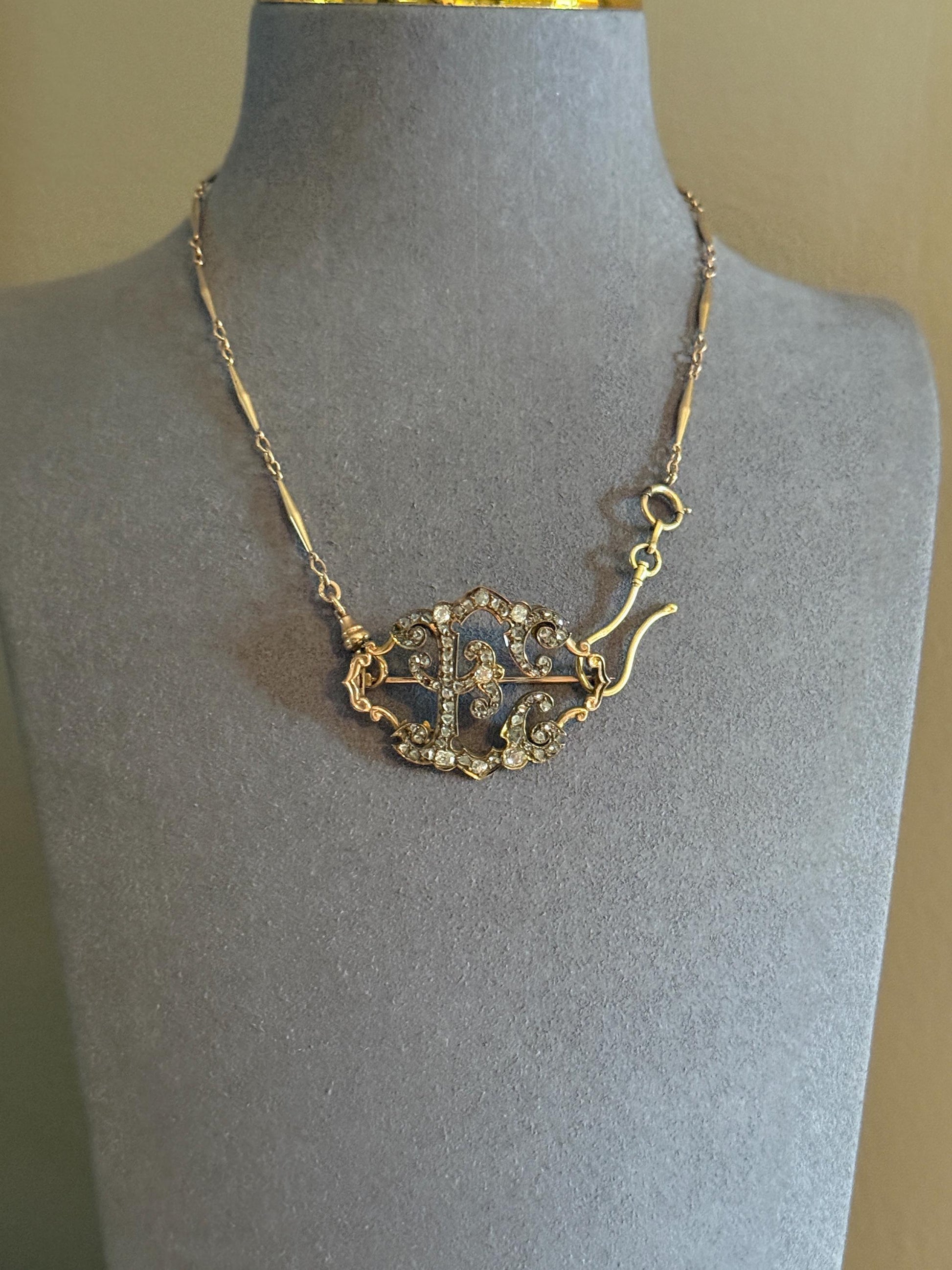 Oh to Be an " E " Amazing XL Antique Rose Old Mine cut DIAMOND Initial Brooch Pendant Bracelet Conversion Connector 14k & 10k Gold Ornate
