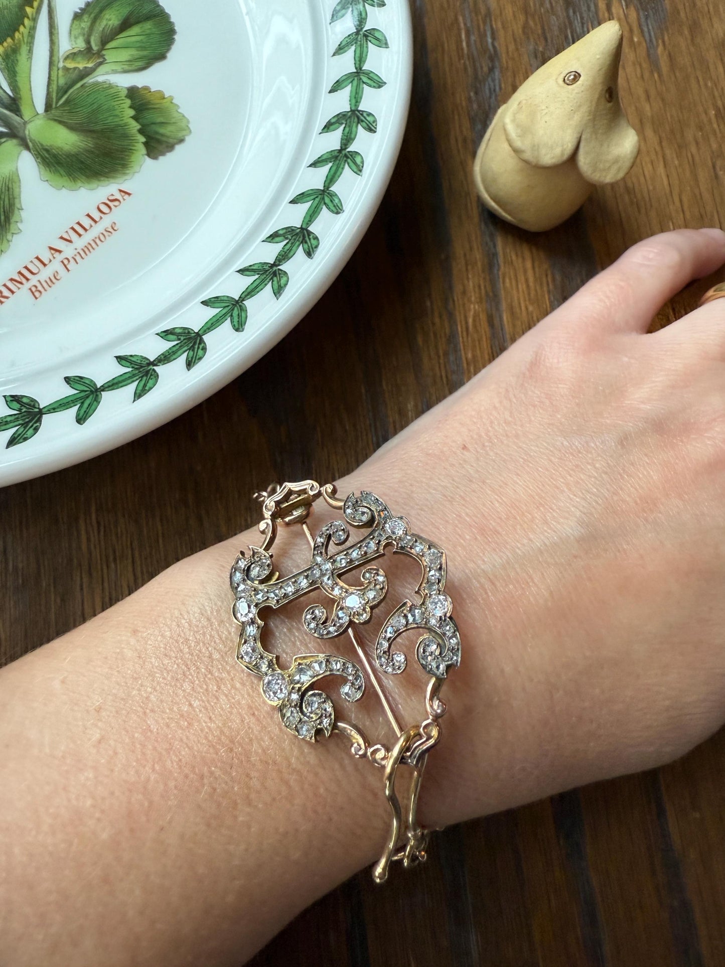 Oh to Be an " E " Amazing XL Antique Rose Old Mine cut DIAMOND Initial Brooch Pendant Bracelet Conversion Connector 14k & 10k Gold Ornate