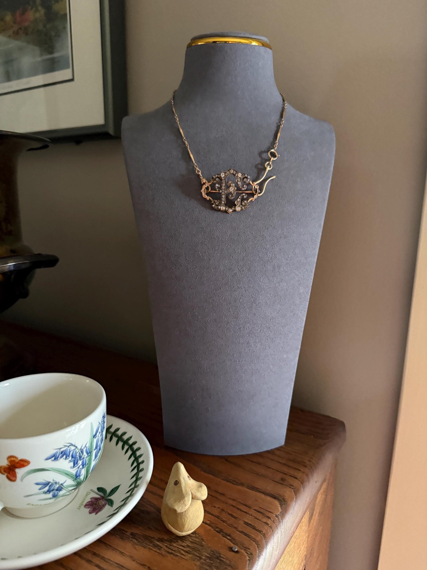 Oh to Be an " E " Amazing XL Antique Rose Old Mine cut DIAMOND Initial Brooch Pendant Bracelet Conversion Connector 14k & 10k Gold Ornate