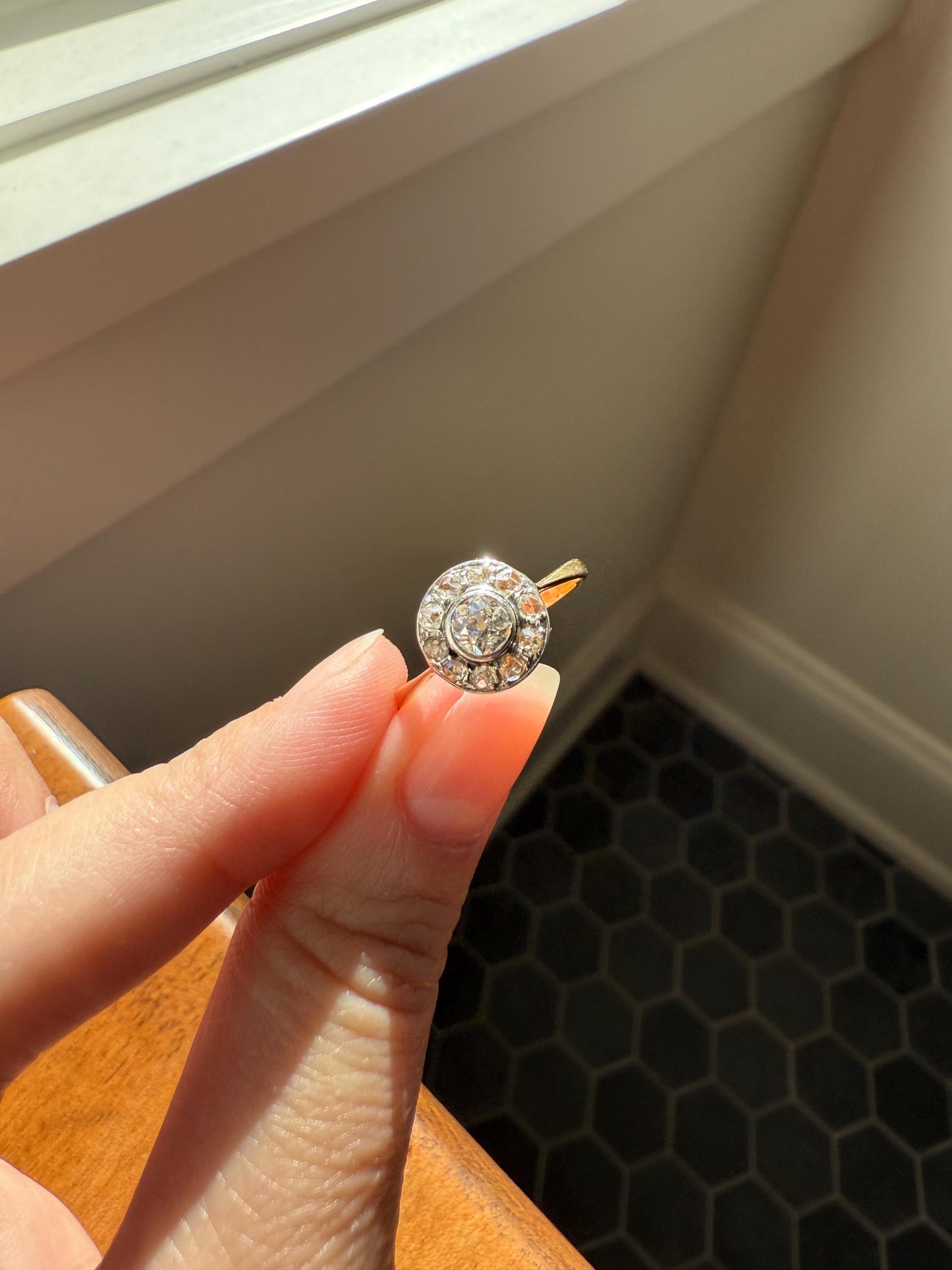 Antique Old Mine Cut Diamond Rose Cut Halo Ring 18k Gold Stacker Ring OMC Bullseye Target Romantic Gift