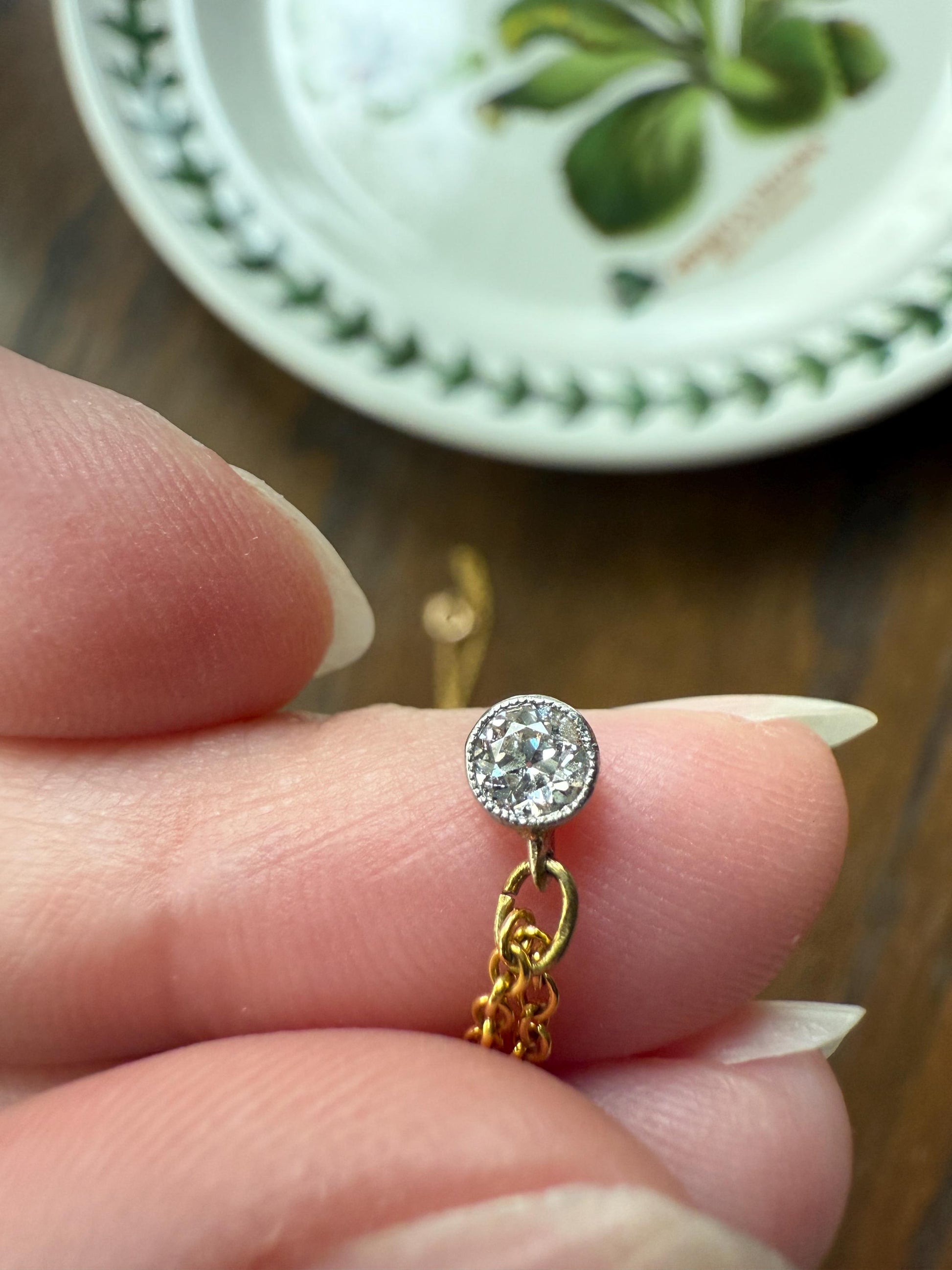 Minimalist 3.5mm Old European Cut Diamond Dainty Antique 14k Gold Pendant on Vintage 9k Gold Chain 2g 16.5" Short Milgrain Bezel Neckstack