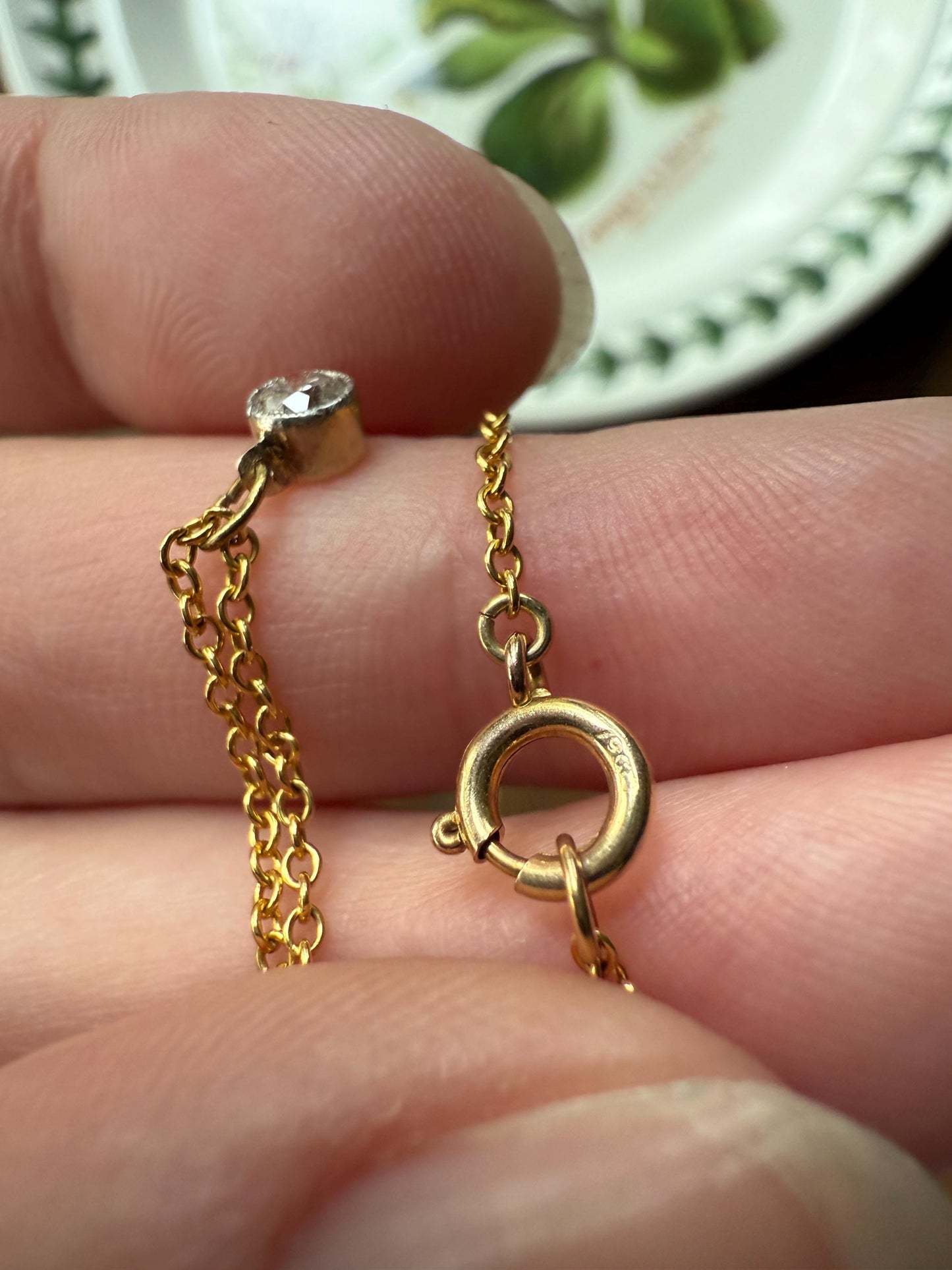 Minimalist 3.5mm Old European Cut Diamond Dainty Antique 14k Gold Pendant on Vintage 9k Gold Chain 2g 16.5" Short Milgrain Bezel Neckstack