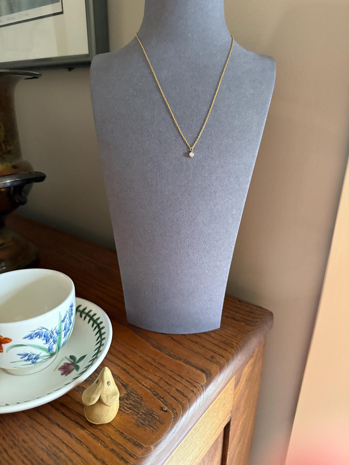 Minimalist 3.5mm Old European Cut Diamond Dainty Antique 14k Gold Pendant on Vintage 9k Gold Chain 2g 16.5" Short Milgrain Bezel Neckstack