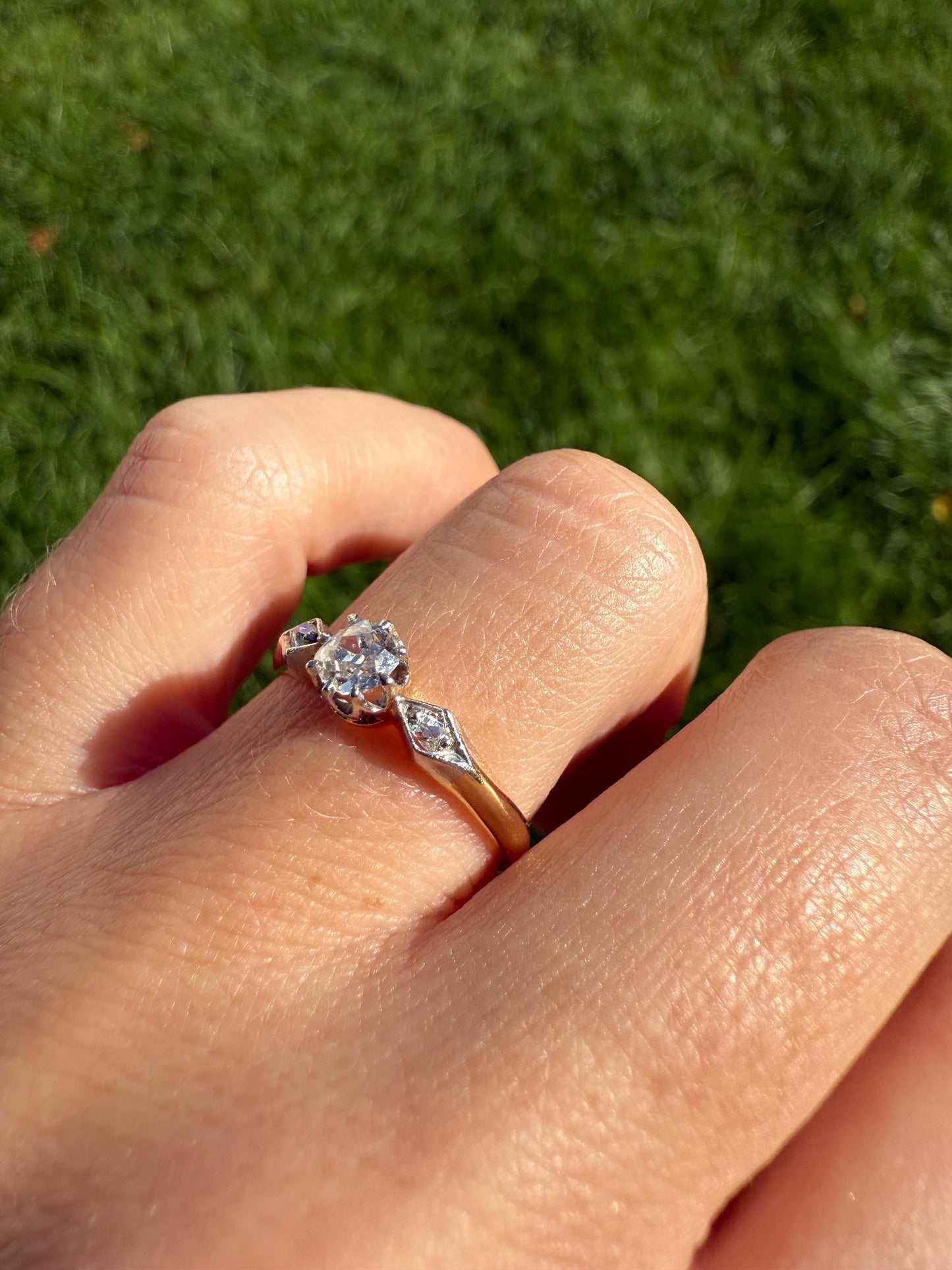Classic Antique .3 Carat Old Mine Cut Diamond Solitaire & Accents 18k Gold French Victorian Engagement Ring Band Minimalist Stacker OMC