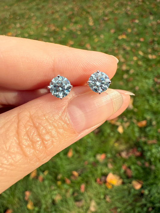 FIERY Fancy Intense Greenish Blue DIAMOND 1.2 Carat Stud Earrings Natural Enhanced w/ Certificates Earstack .6 Each Daily Wearers Minimalist