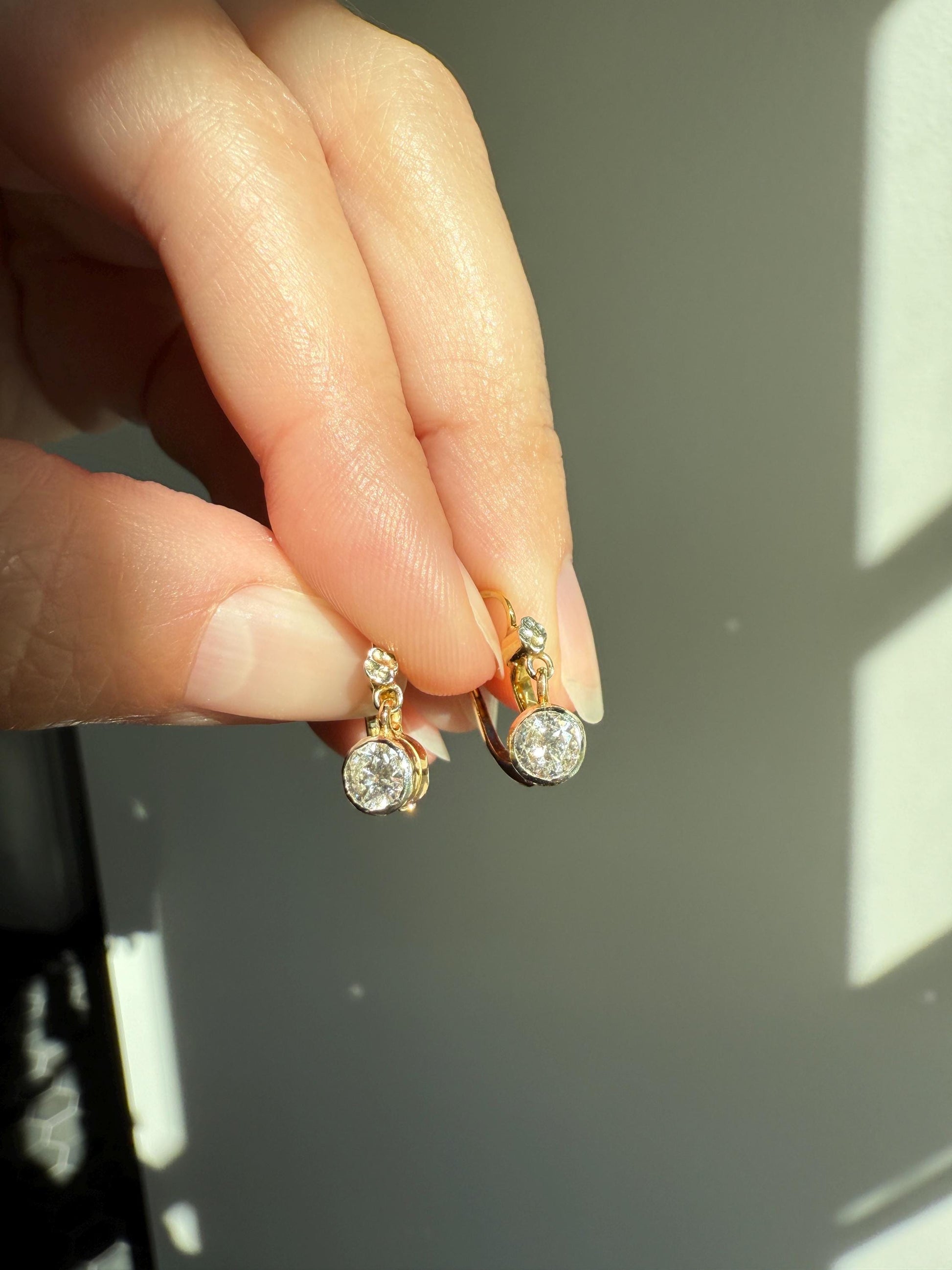 FRENCH Vintage 18k GOLD .75 Carat Tdw Transitional Cut Diamond Earrings Dangle Dormeuse Gift Belle Epoque Bridal Something Old Bezel Set